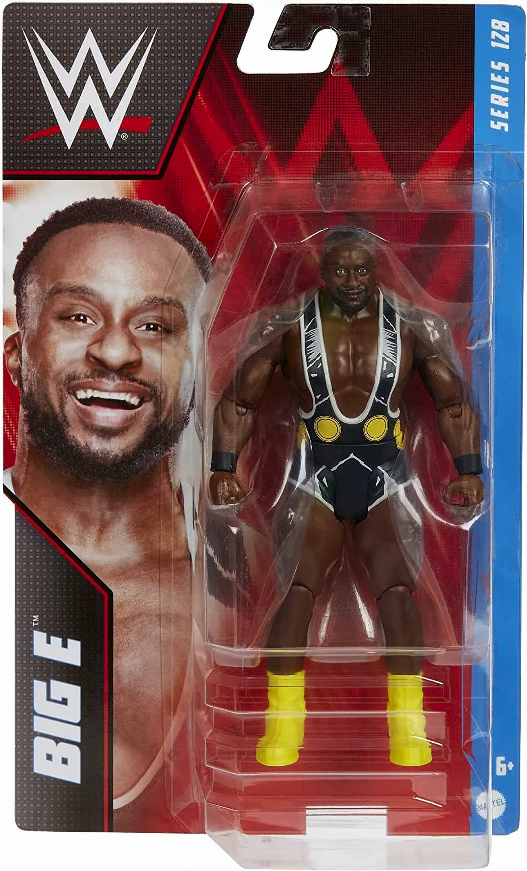 Big E Actionfigur in gelben Stiefeln, schwarz-weiße Wrestling-Kleidung, Verpackung.
