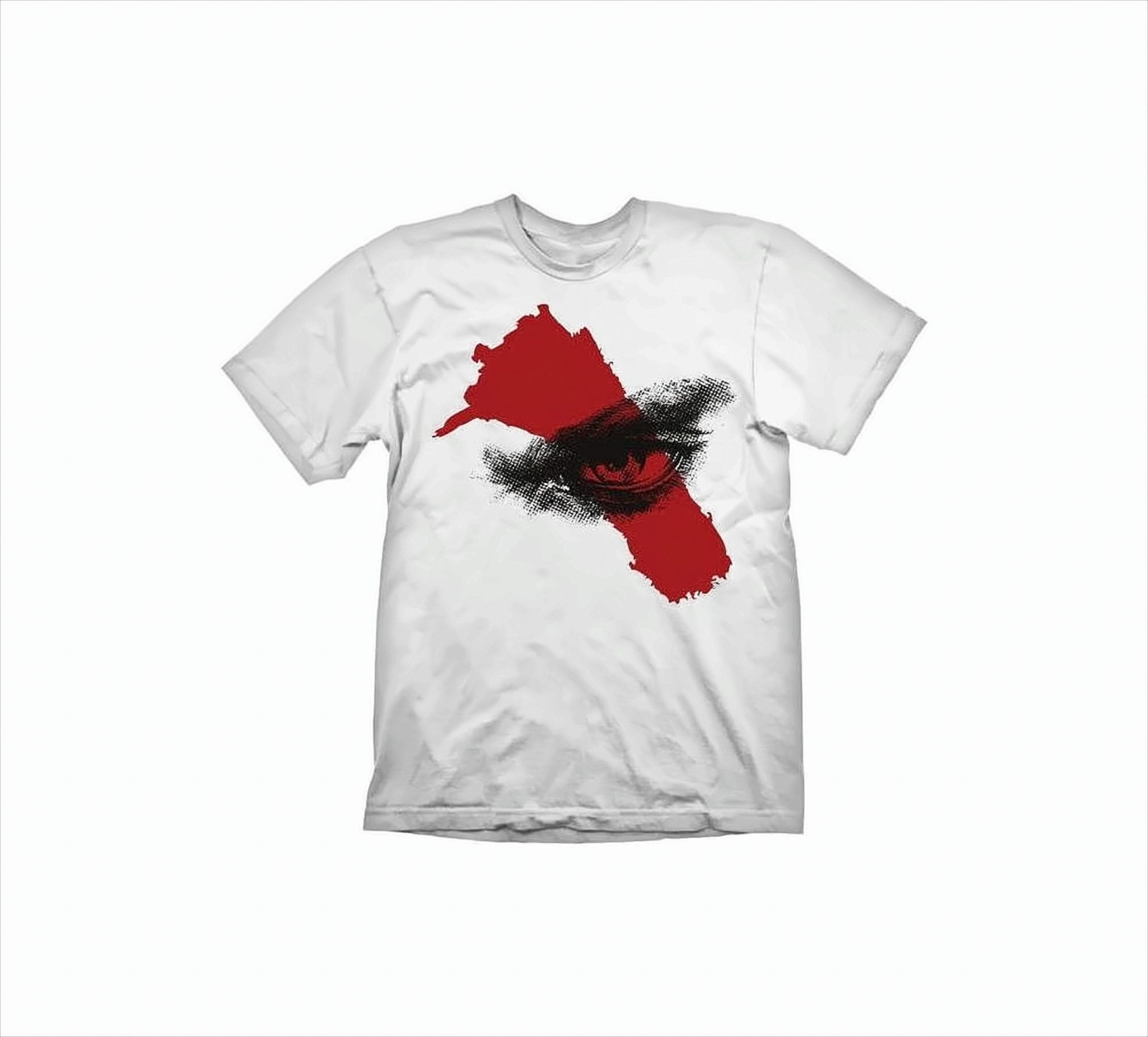 Weißes T-Shirt mit roter Form und Augendesign. Weißer Hintergrund.