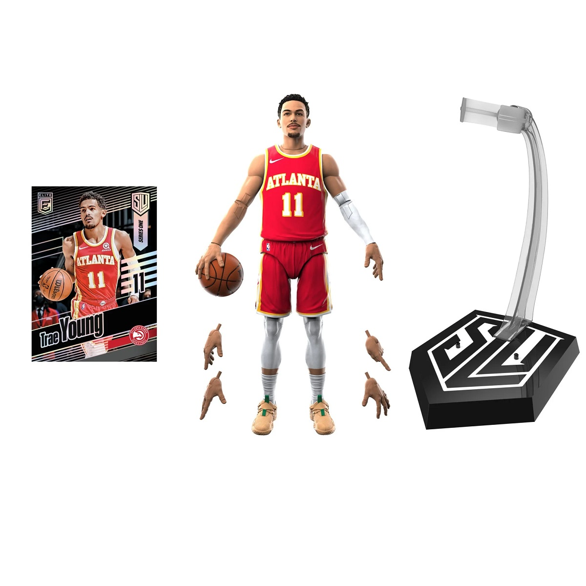 Trae Young Actionfigur mit Zubehör, Trikot und Karte. Enthält einen Ständer und austauschbare Hände.