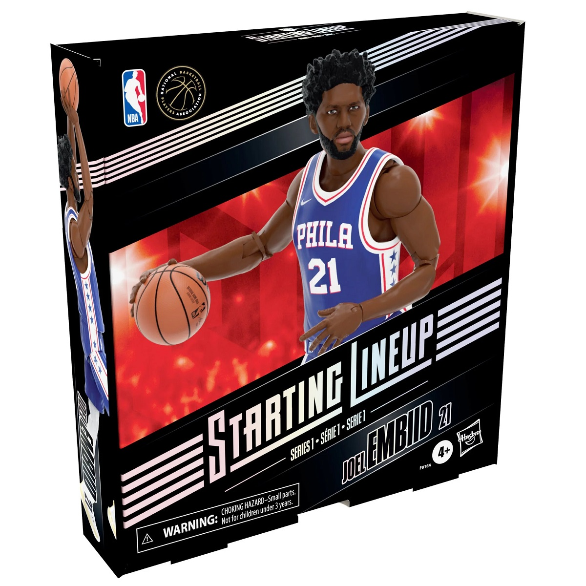 Eine Box zeigt einen Basketballspieler in einem blauen Trikot. Text: 'STARTING LINEUP' und 'JOEL EMBIID 21'.