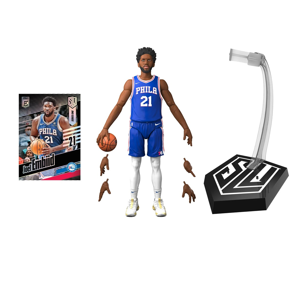 Figur von Joel Embiid in blauem Uniform. Basketballkarte und Ständer sind ebenfalls vorhanden.
