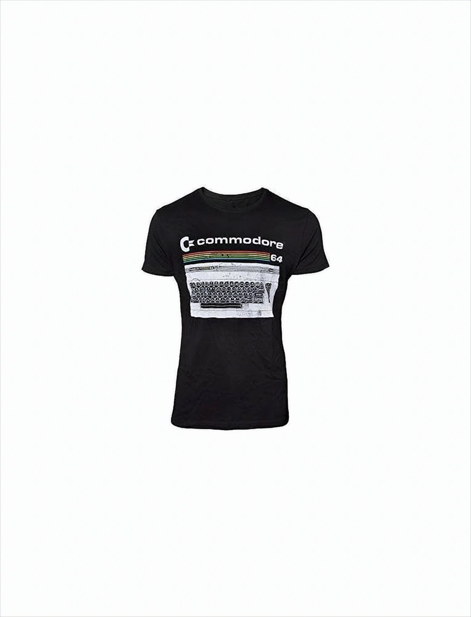 Schwarzes T-Shirt mit einem Commodore 64 Tastatur-Design in Weiß und Regenbogenfarben.