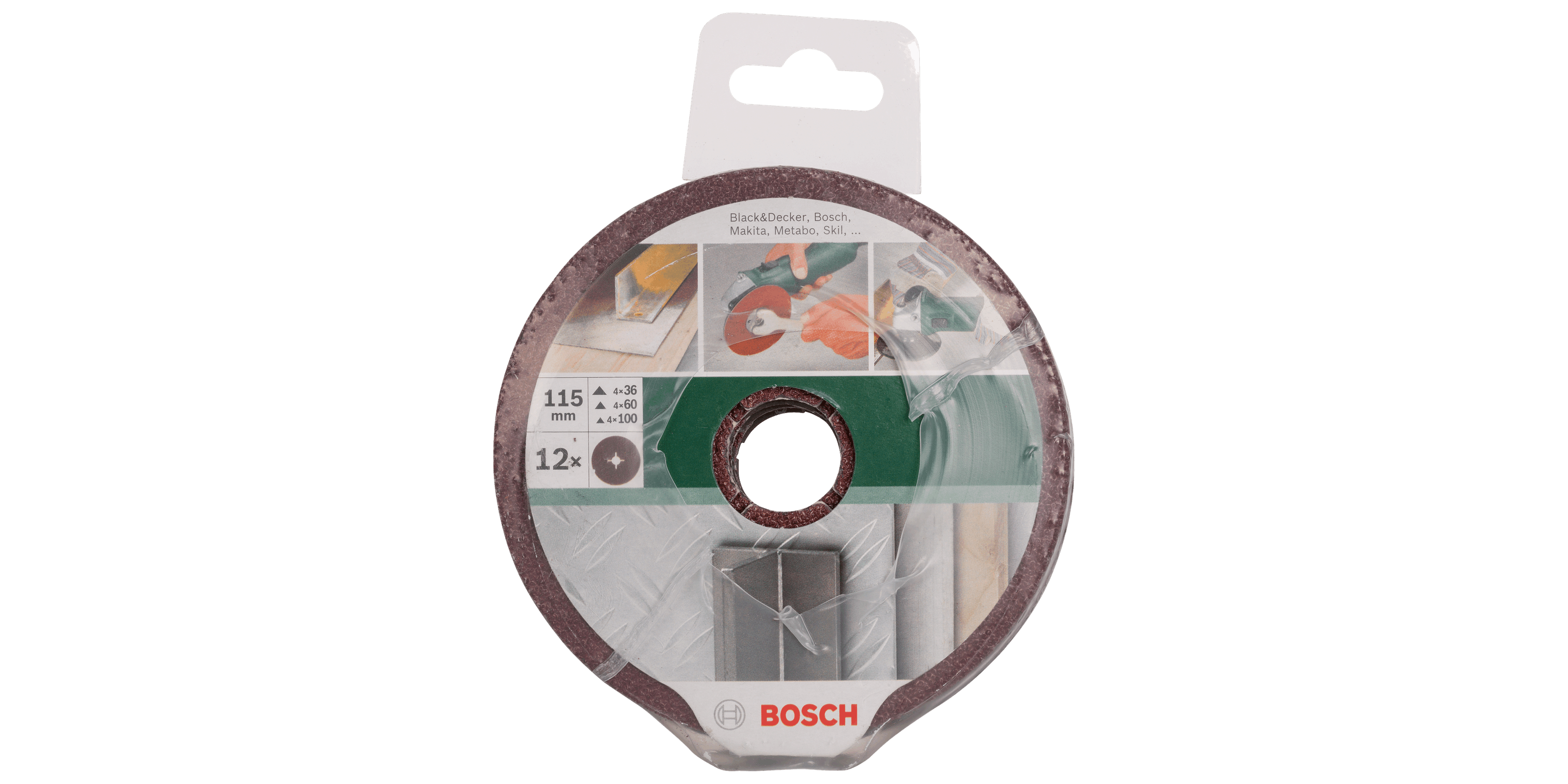 Bosch Schleifscheiben in durchsichtiger Verpackung mit Marken- und Produktinfo.