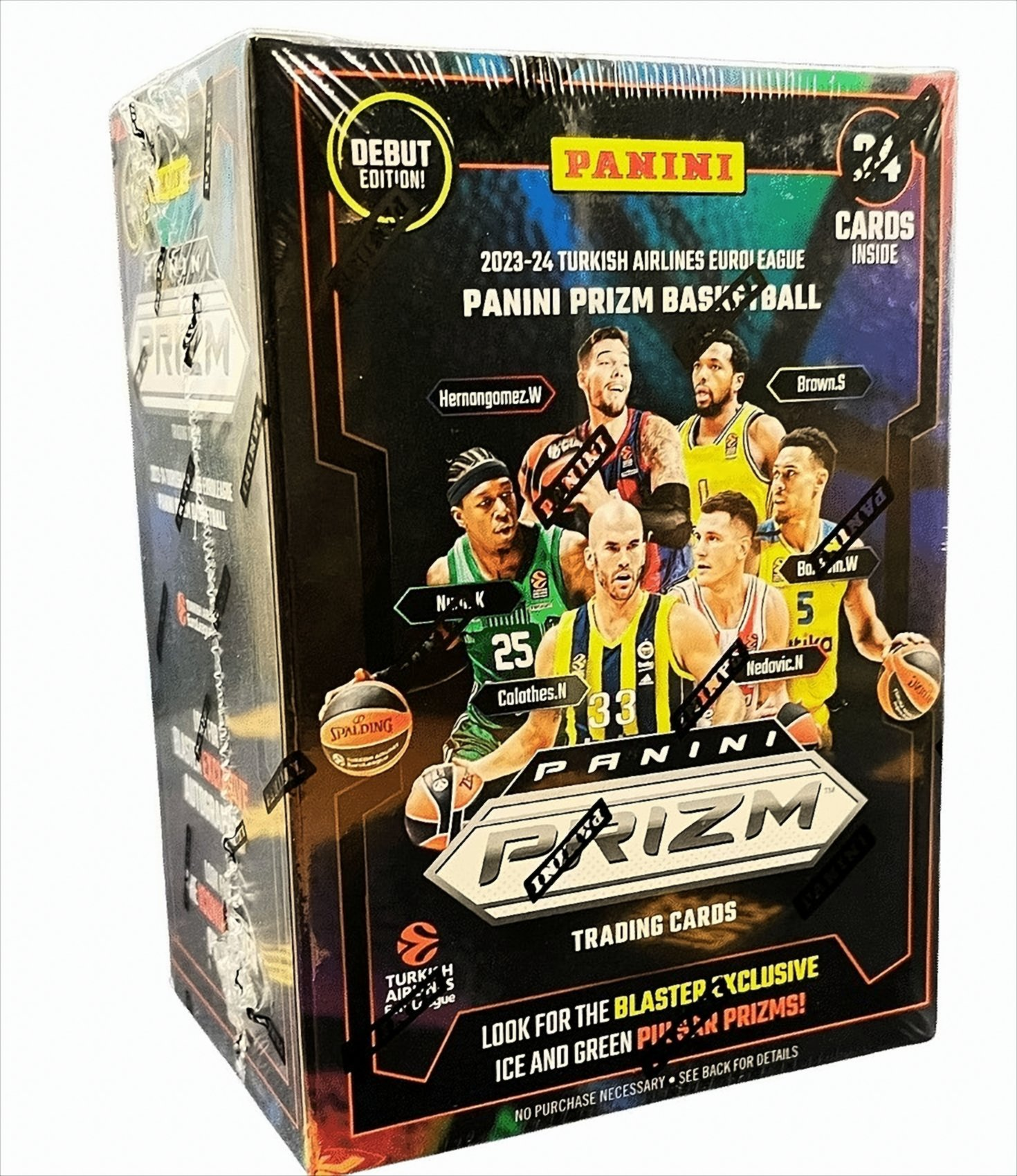 Box mit Panini Prizm Basketballkarten, mit Spielern. Die Box hat das Panini-Logo.