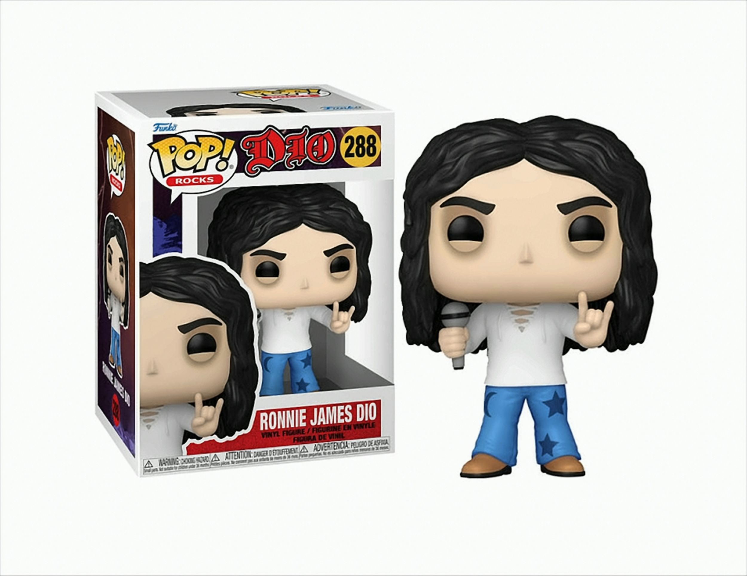 Ronnie James Dio Funko Pop Figur in einer Box. Die Figur hält ein Mikrofon.