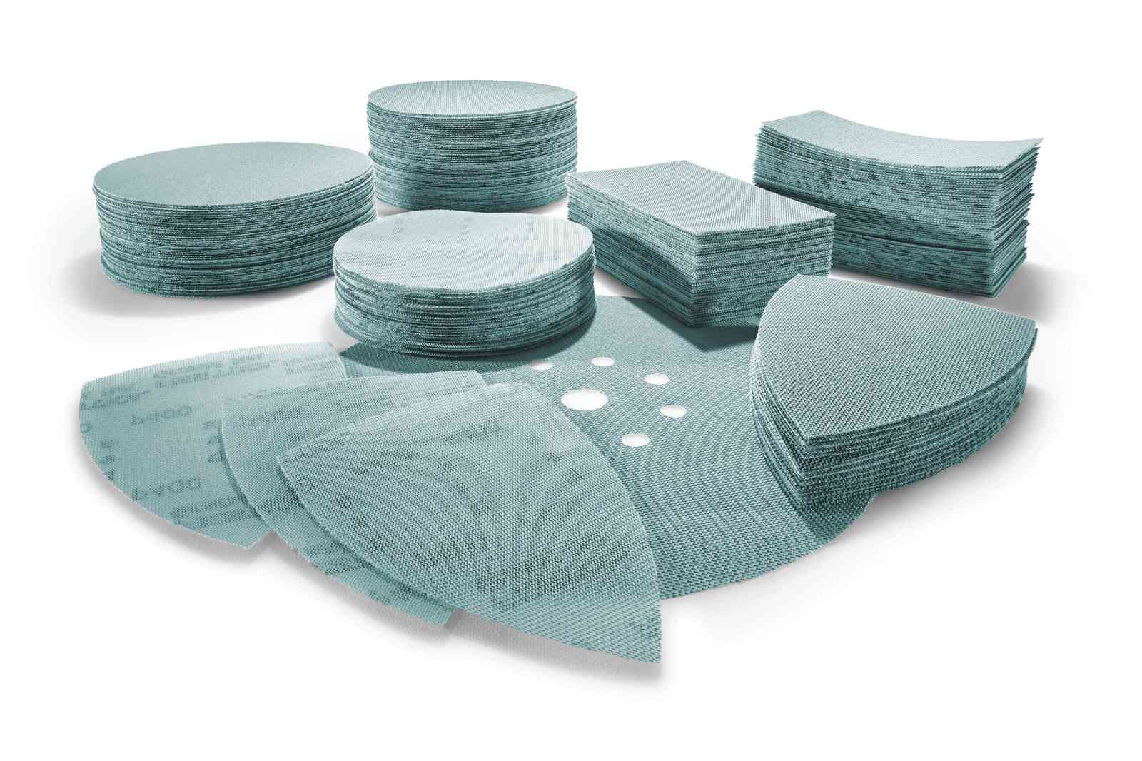 Verschiedene Formen und Größen von Schleifpads in blauer Farbe. Sie sind neu.