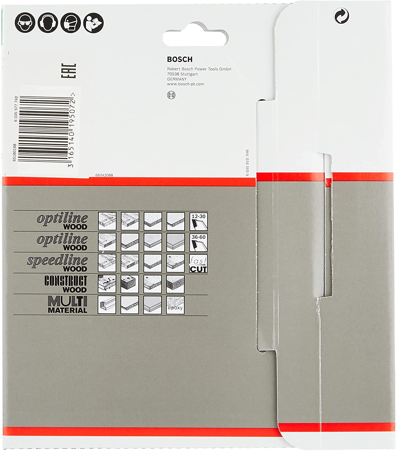 Rückseite einer Bosch-Sägeblattverpackung. Zeigt Sägeblatttypen und Unternehmensinformationen.