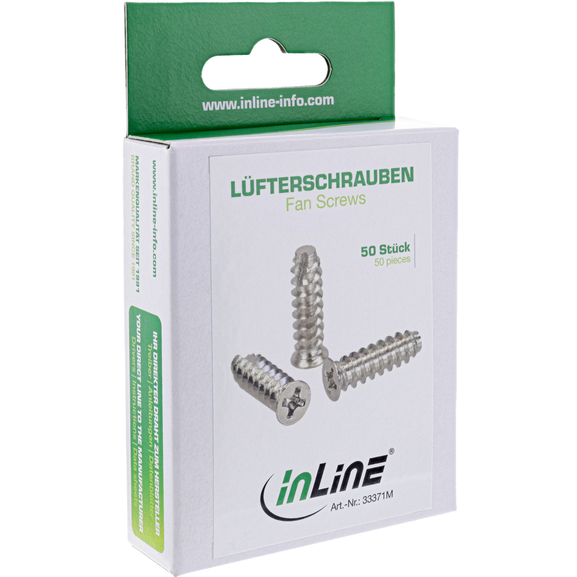 Box mit Lüfterschrauben. Weiße Box mit grünem Deckel. Silberne Schrauben in der Box.