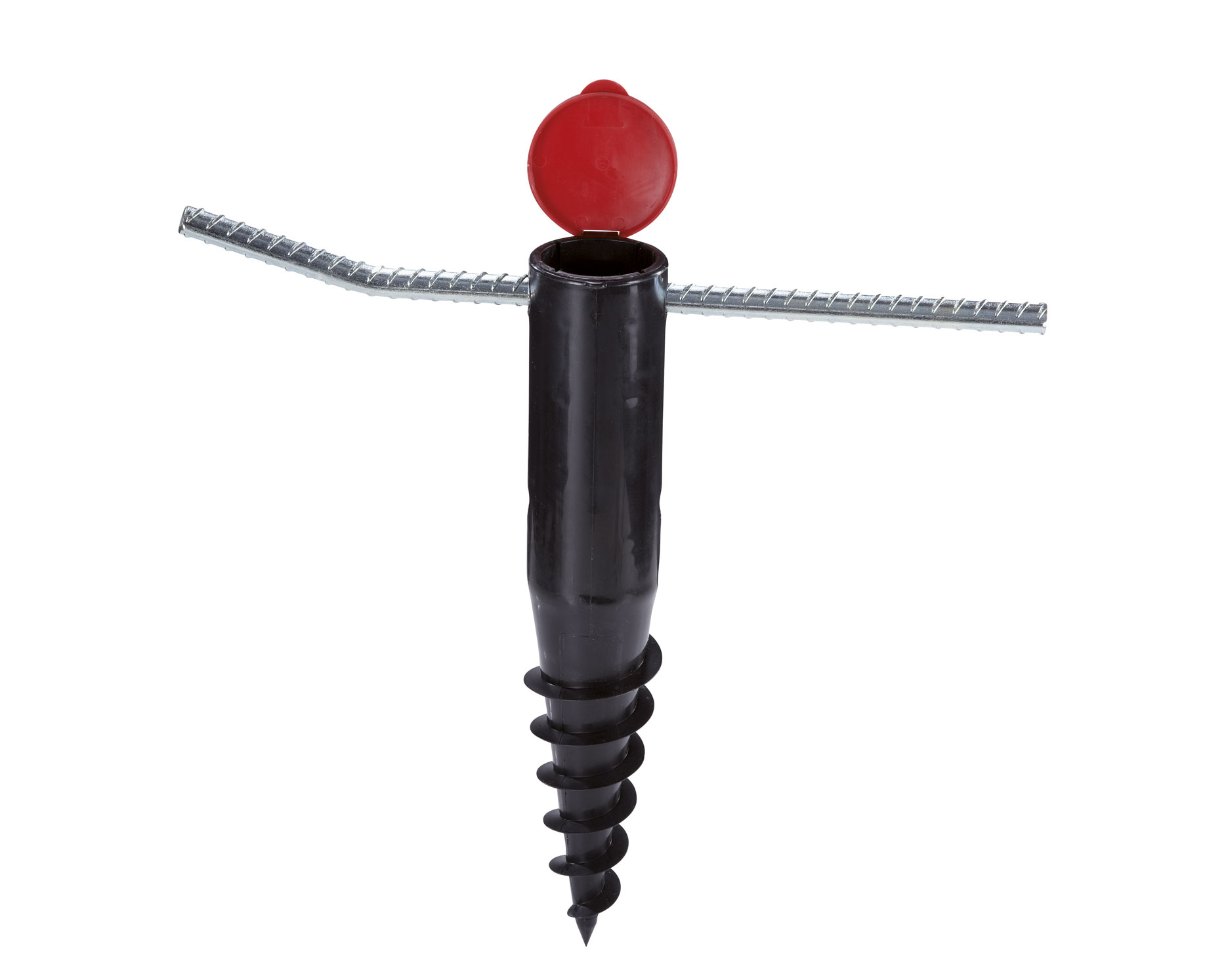 Ancoraggio a terra nero e asta metallica, con tappo rosso aperto. Sfondo bianco.