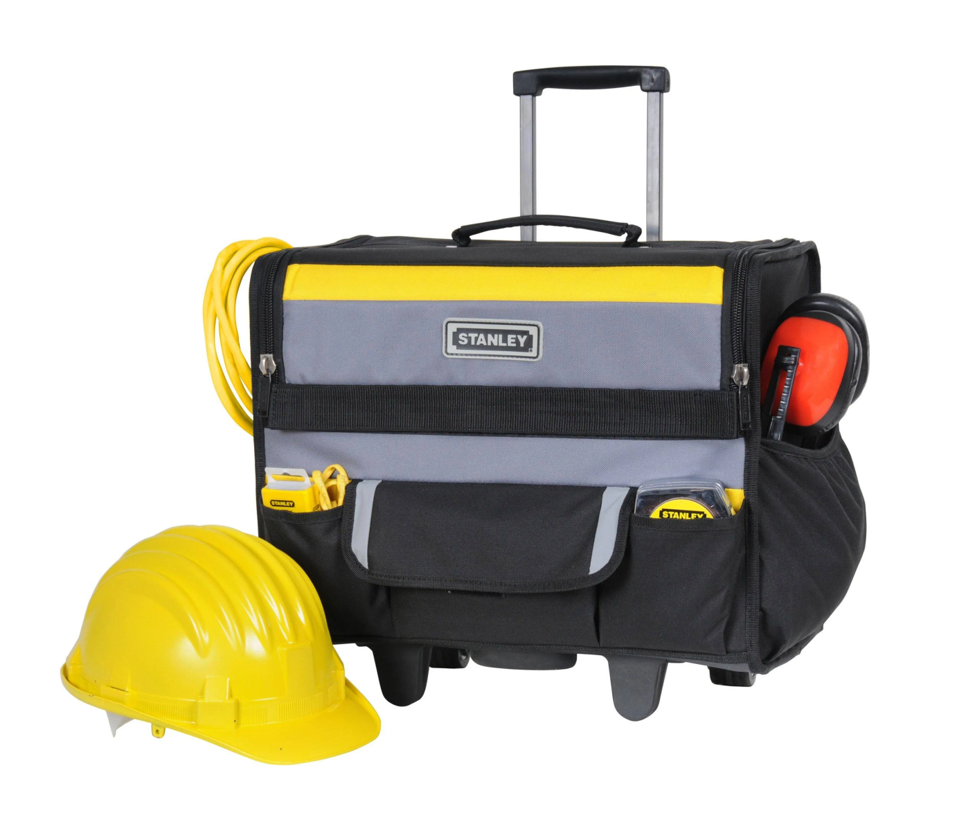 Borsa portautensili con attrezzi, casco giallo e prolunga, isolata su sfondo bianco.