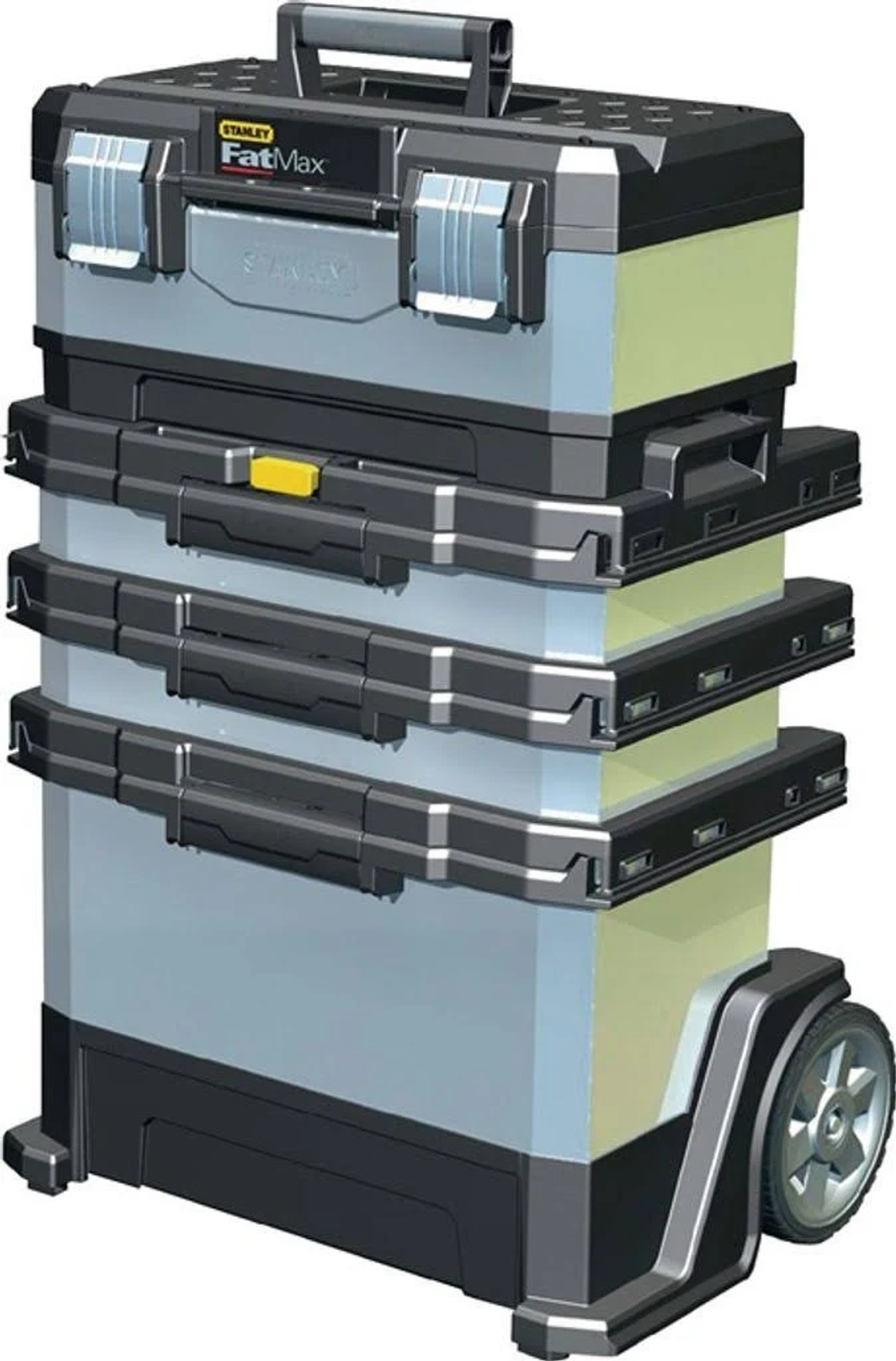 Cajas de herramientas apiladas sobre ruedas, gris y negro, con asa hacia arriba.