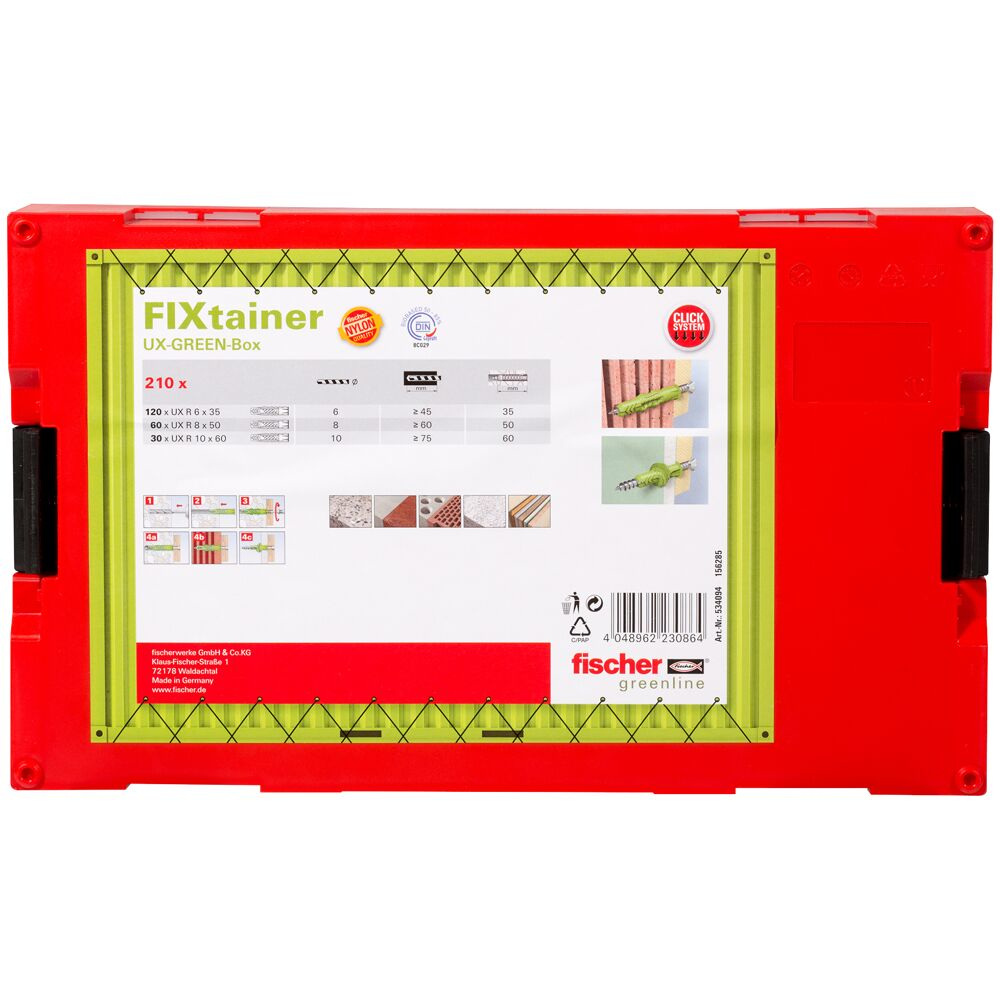 Czerwona skrzynka narzędziowa z zielonymi etykietami szczegółowymi zawartością i diagramami. Czarny uchwyt na górze.