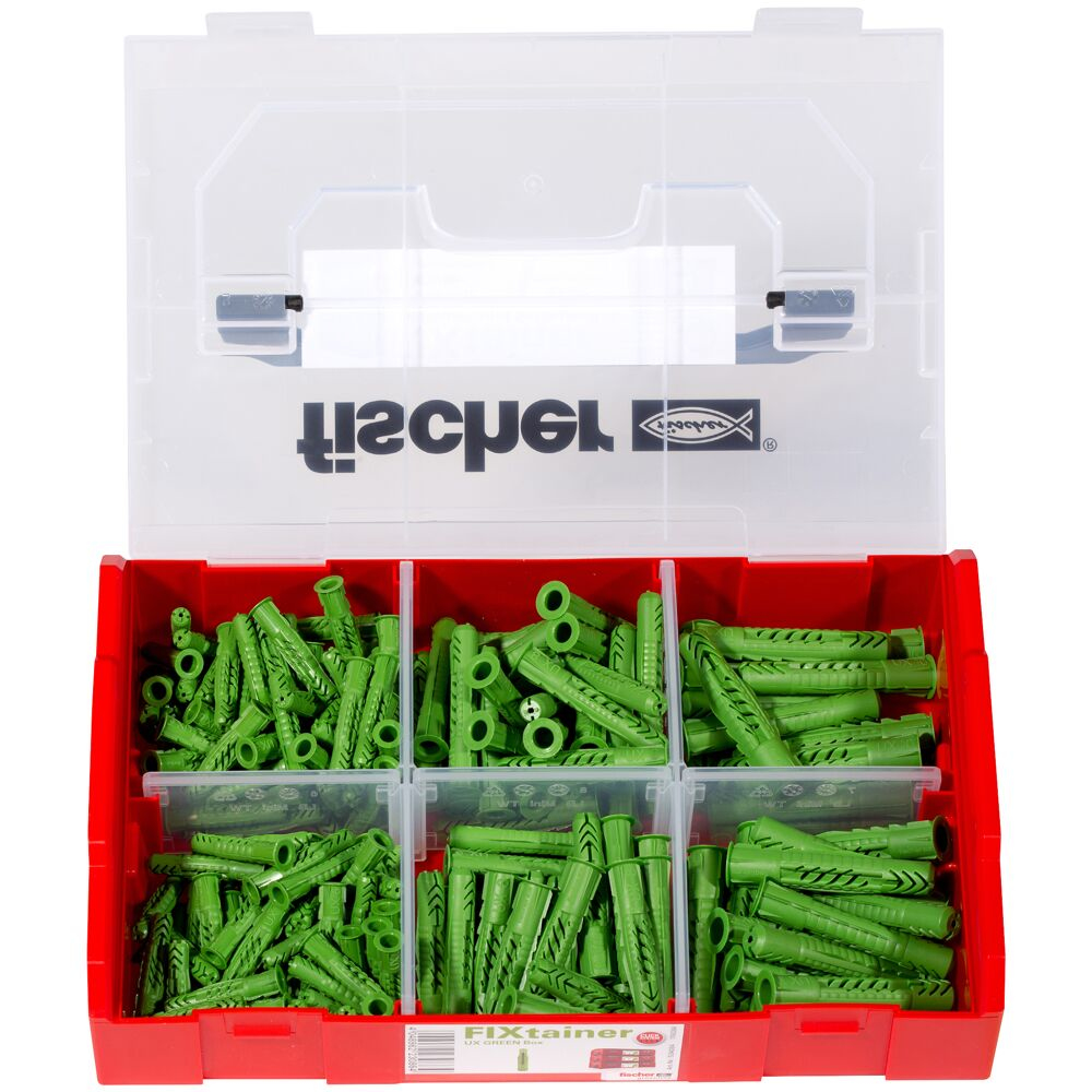 Czerwona skrzynka narzędziowa, otwarta, wypełniona zielonymi kołkami, zorganizowana w przegródkach.