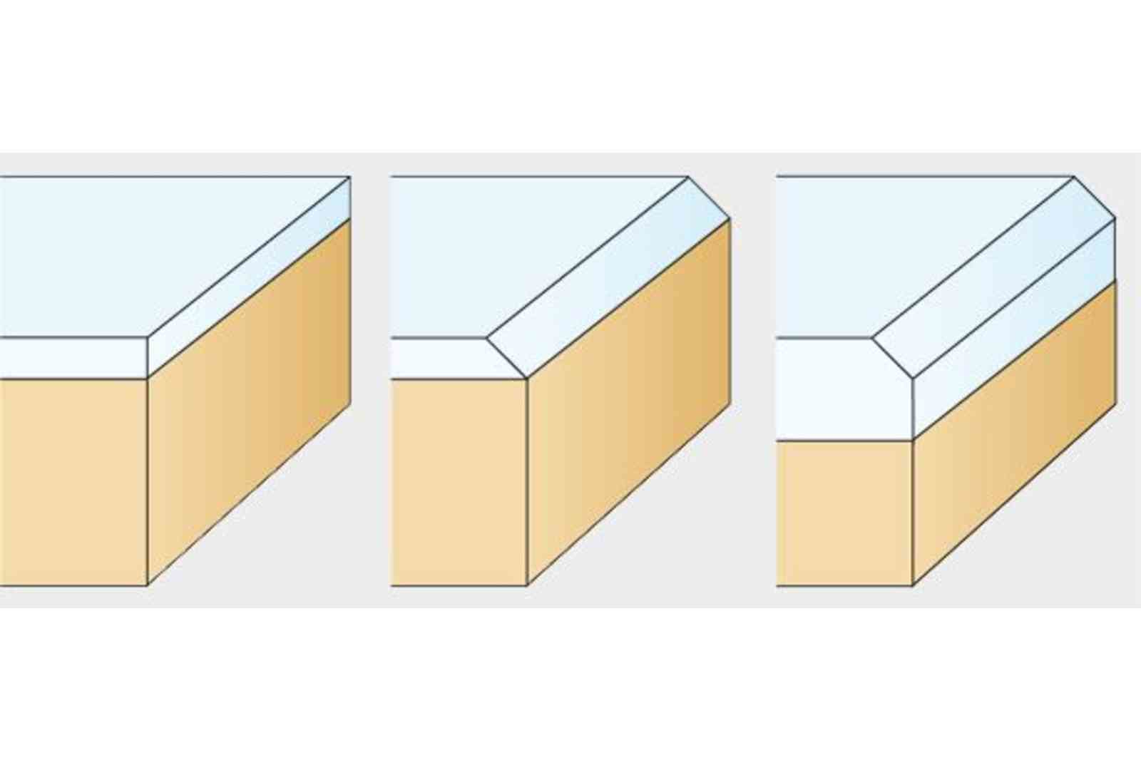 Trzy próbki drewna o różnych profilach krawędzi: fazowanych, podwójnie fazowanych i zaokrąglonych.