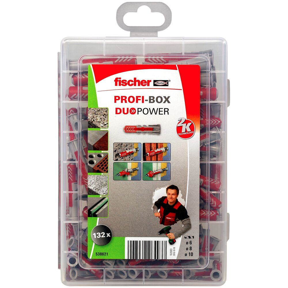 Eine transparente Kunststoffbox mit roten und grauen Wandankern, beschriftet mit 'PROFI-BOX DUO POWER'.