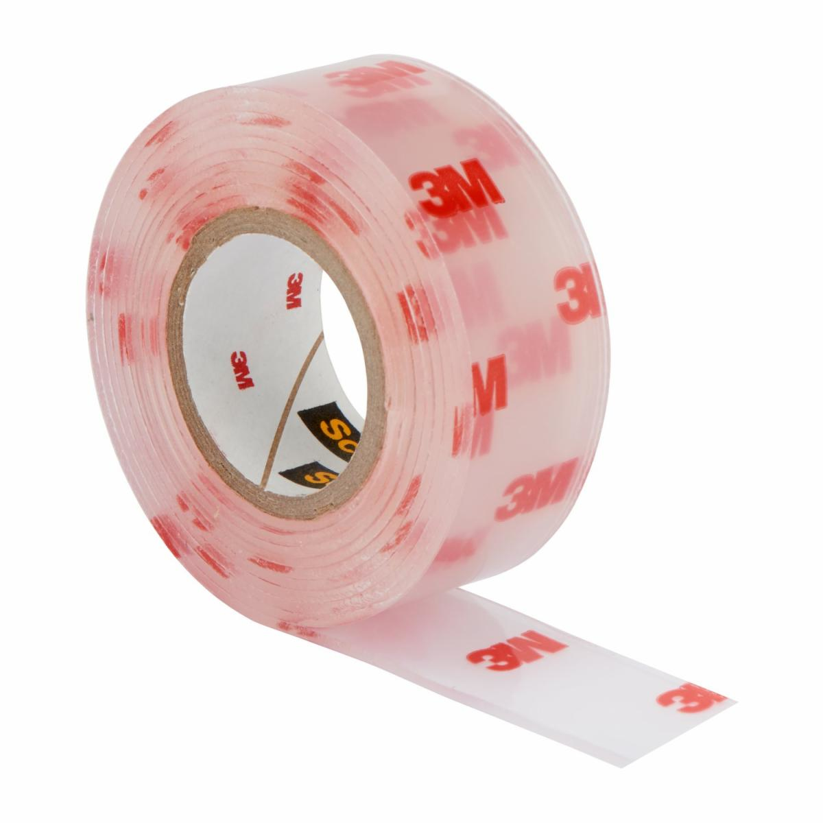 Un rollo de cinta adhesiva transparente de doble cara con logotipos 3M rojos.