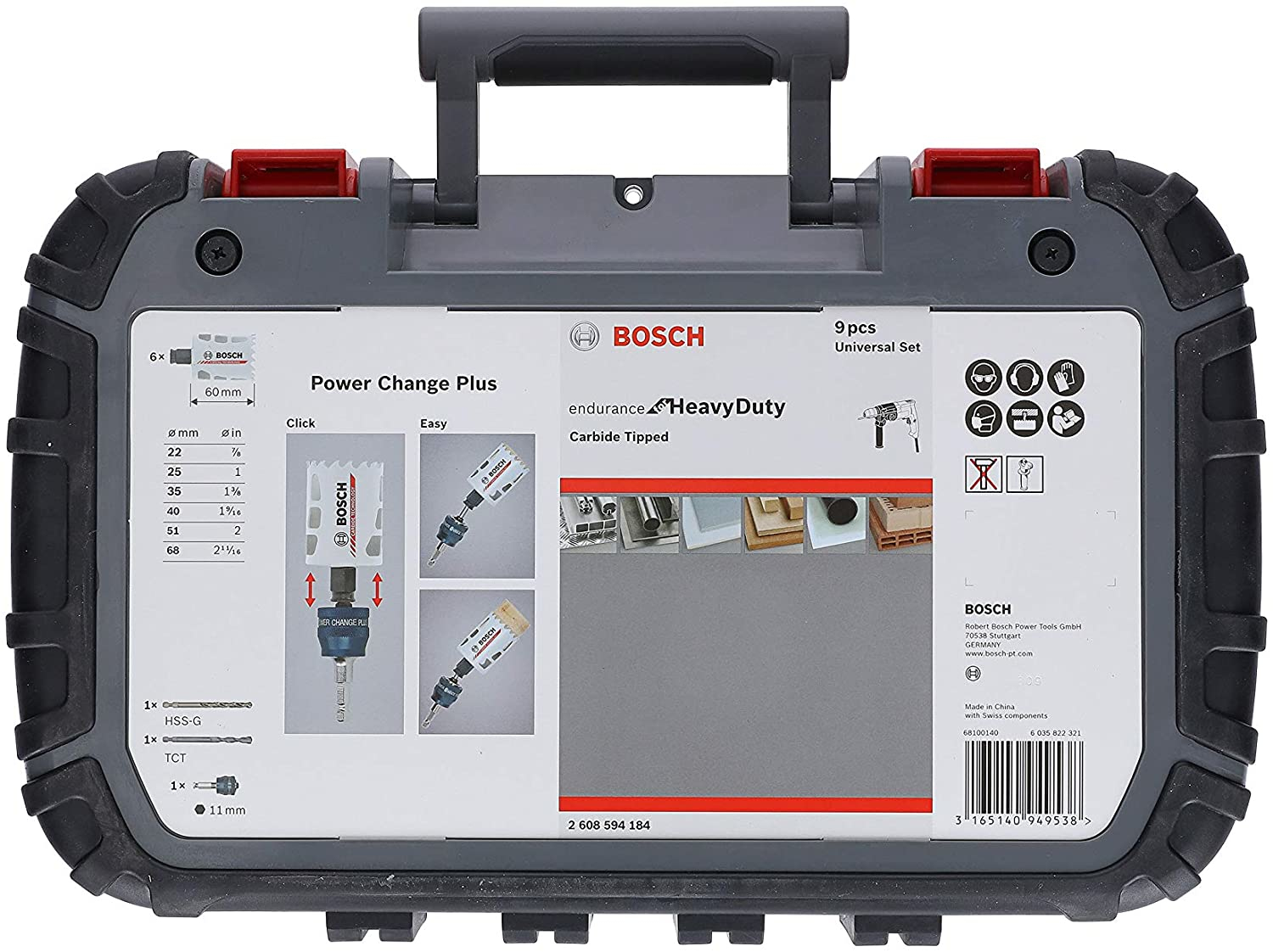 Bosch Power Change Plus Werkzeugsatz in einem schwarz-grauen Koffer, mit Werkzeugen.