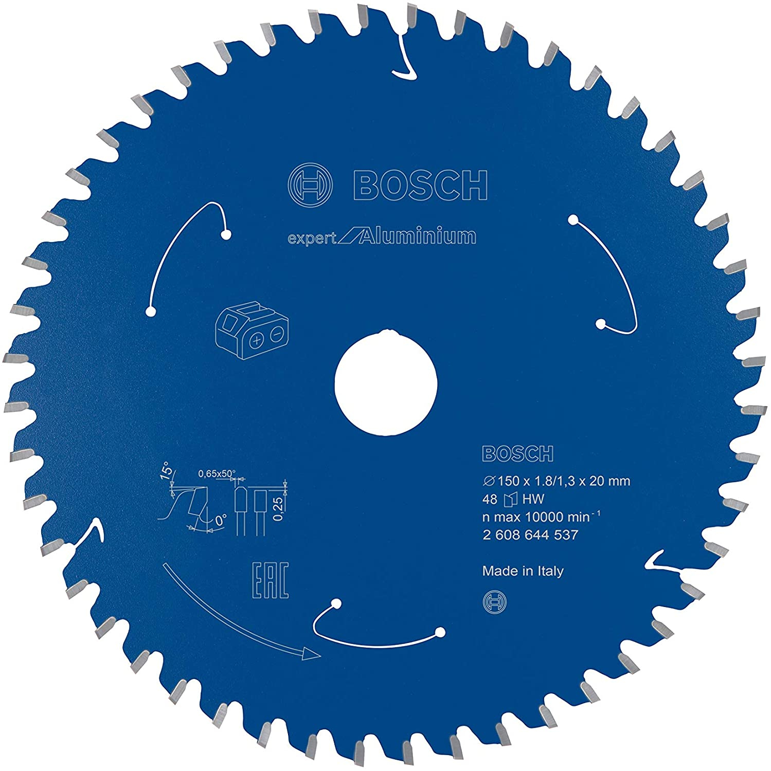 Ein blaues Kreissägeblatt für Aluminium. Es hat Zähne. Text: BOSCH expert / Aluminium.