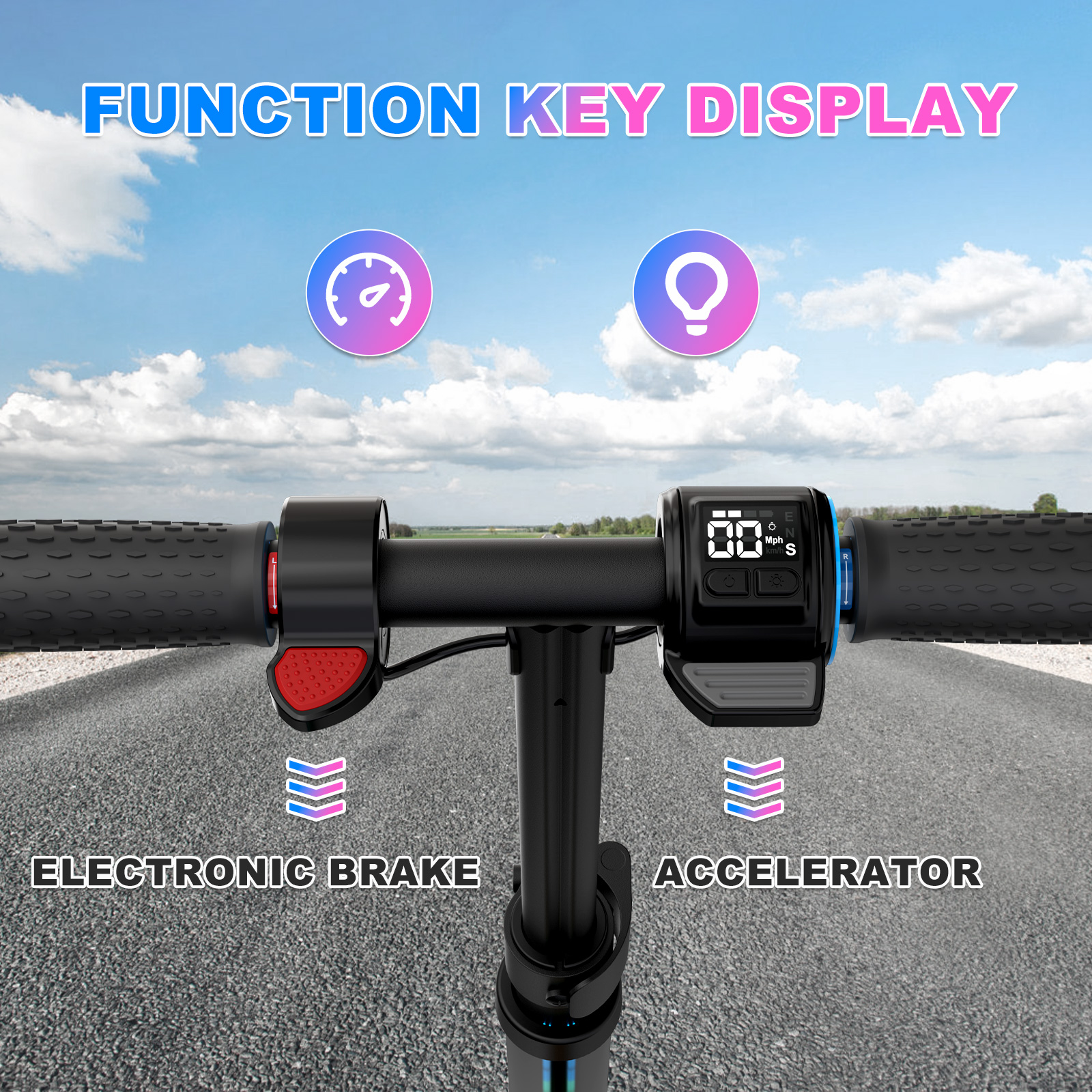 Zbliżenie kierownicy skutera z napisami Electronic Brake i Accelerator.