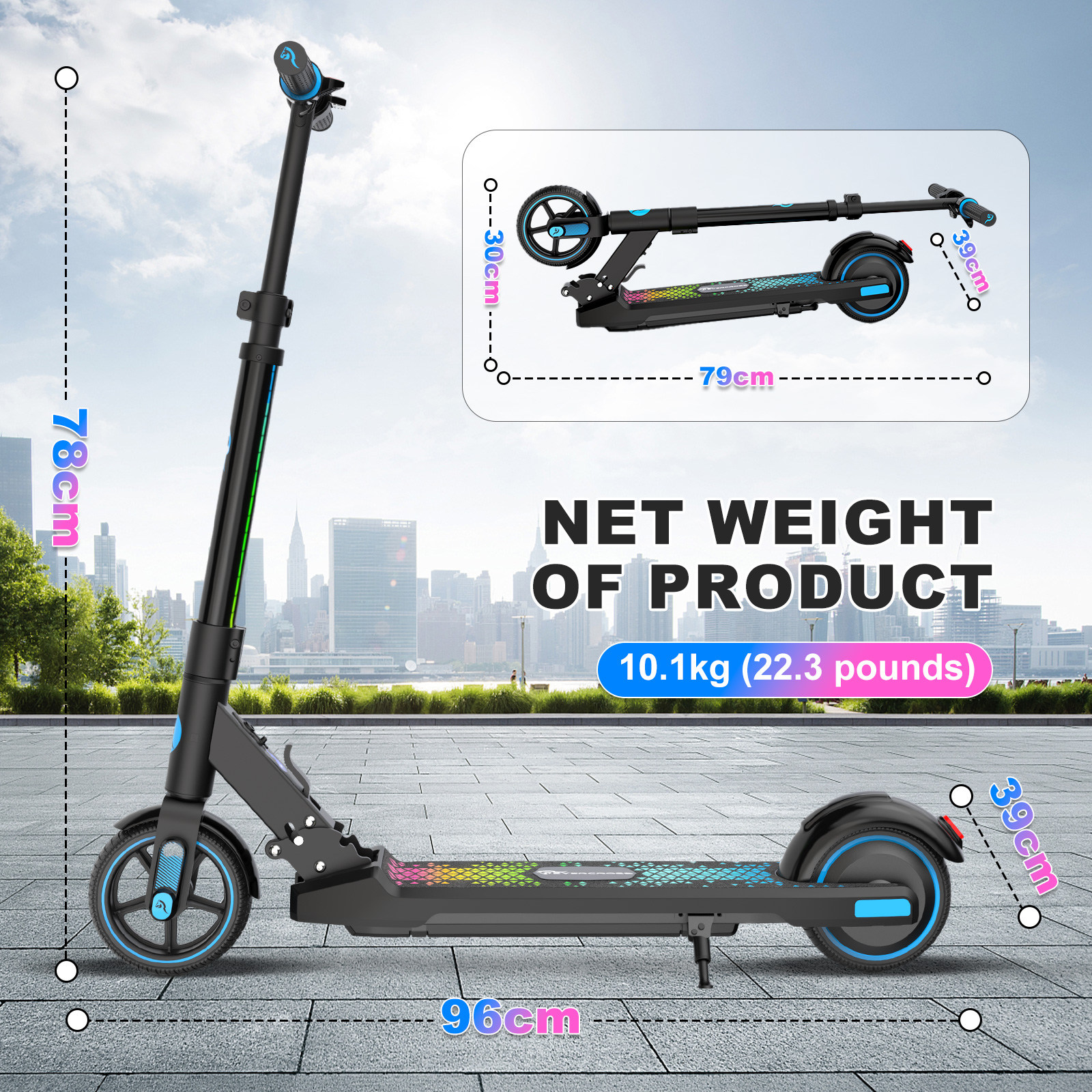 Czarny skuter z wyświetlonymi pomiarami i wymiarami.