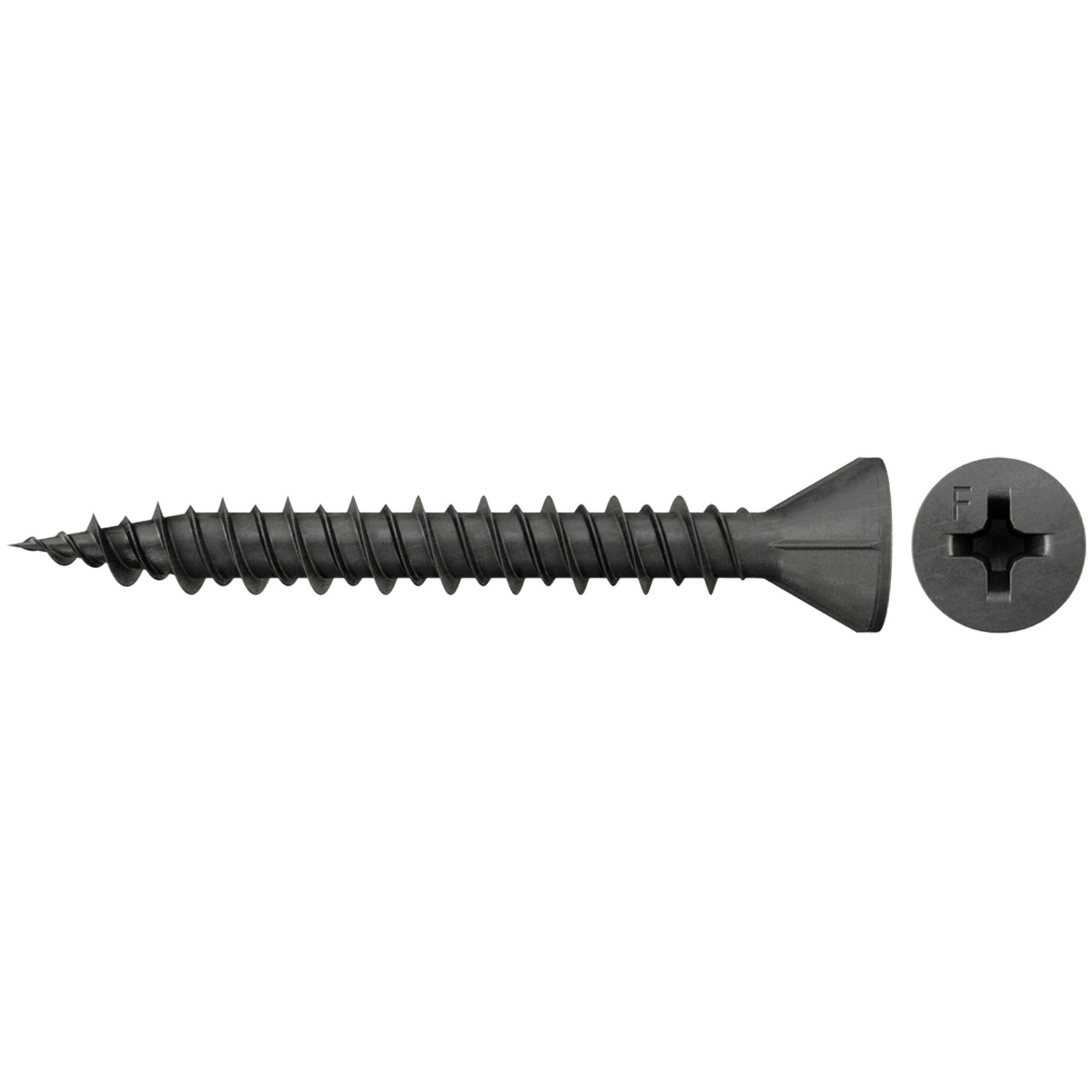 Eine schwarze Trockenbauschraube. Sie hat eine scharfe Spitze, einen Gewindeschaft und einen Senkkopf.
