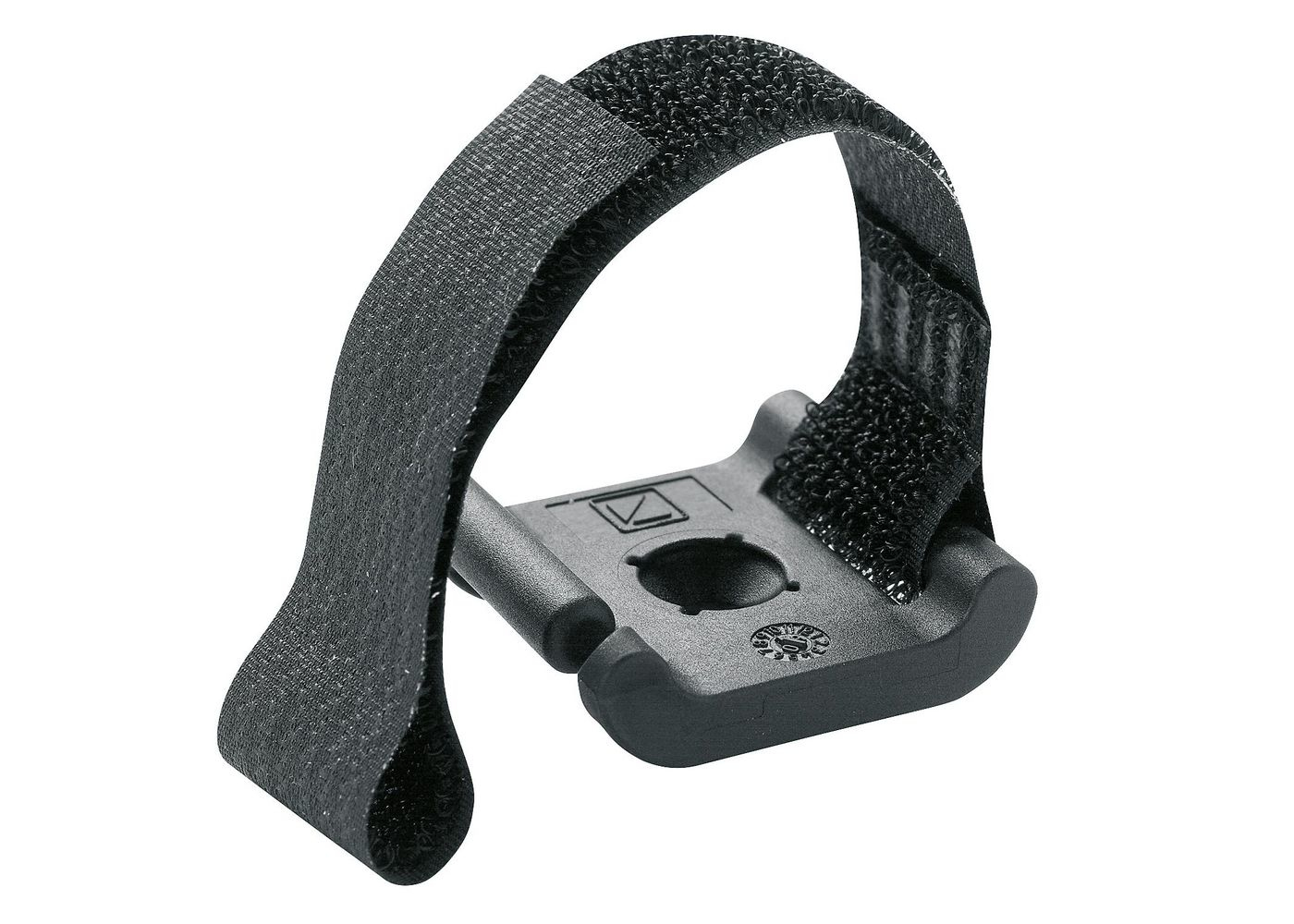 Supporto per fascette nere. Base nera con un foro per una vite. Cinturino in velcro attaccato.