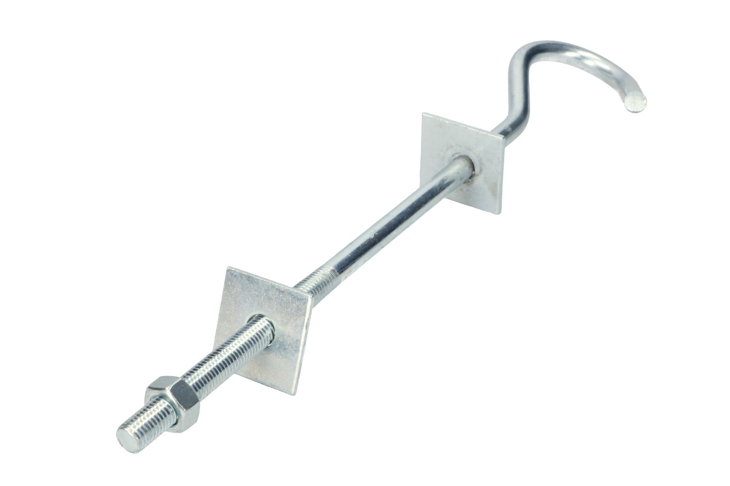Metallhakenbolzen. Haken oben, Bolzen und Mutter unten und quadratische Platte in der Mitte.