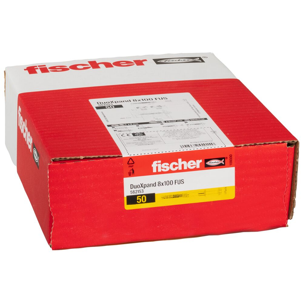 Eine rot-weiße Fischer-Box mit Text und einem Etikett mit der Aufschrift "50".