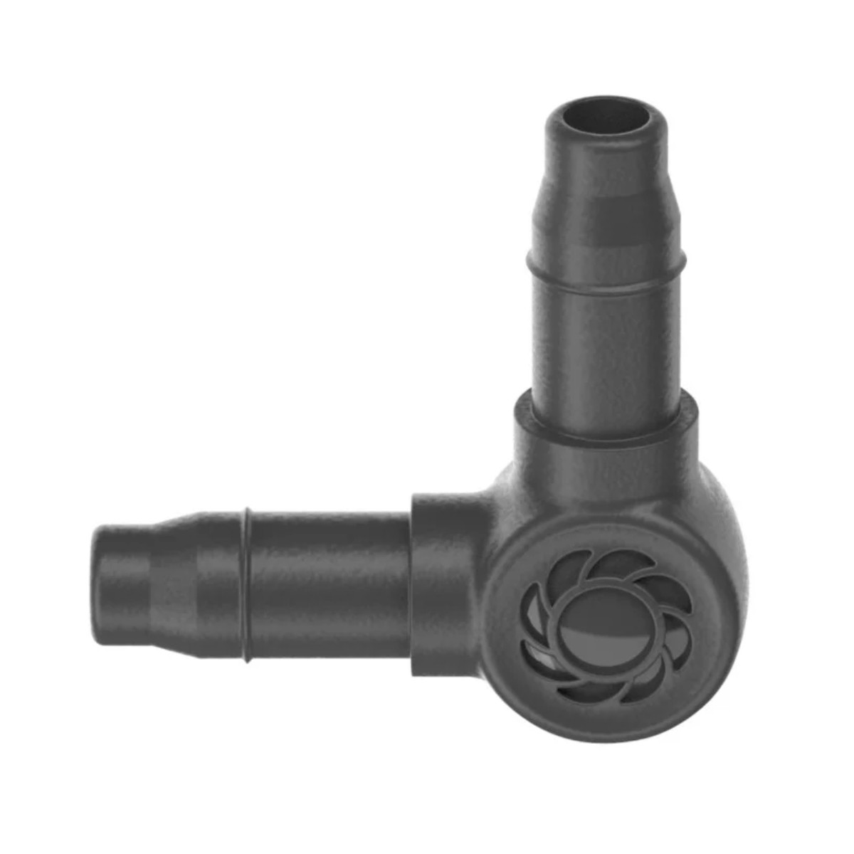 Connettore a gomito in plastica nera, a forma di L, con un dettaglio circolare. Sfondo bianco.