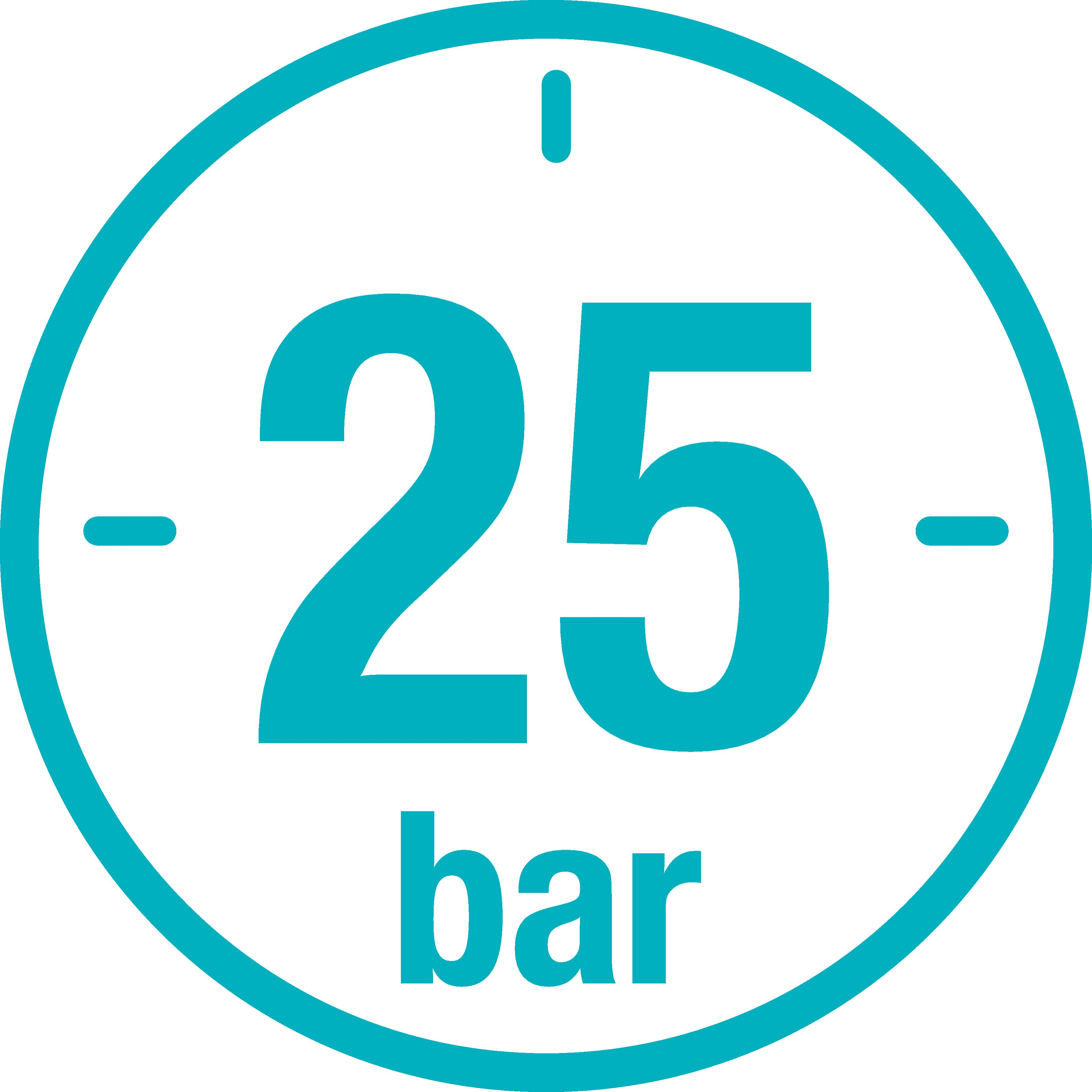 Ein türkisblaues Messgerät mit weißem Zifferblatt, das den Druckwert „25 bar“ anzeigt.