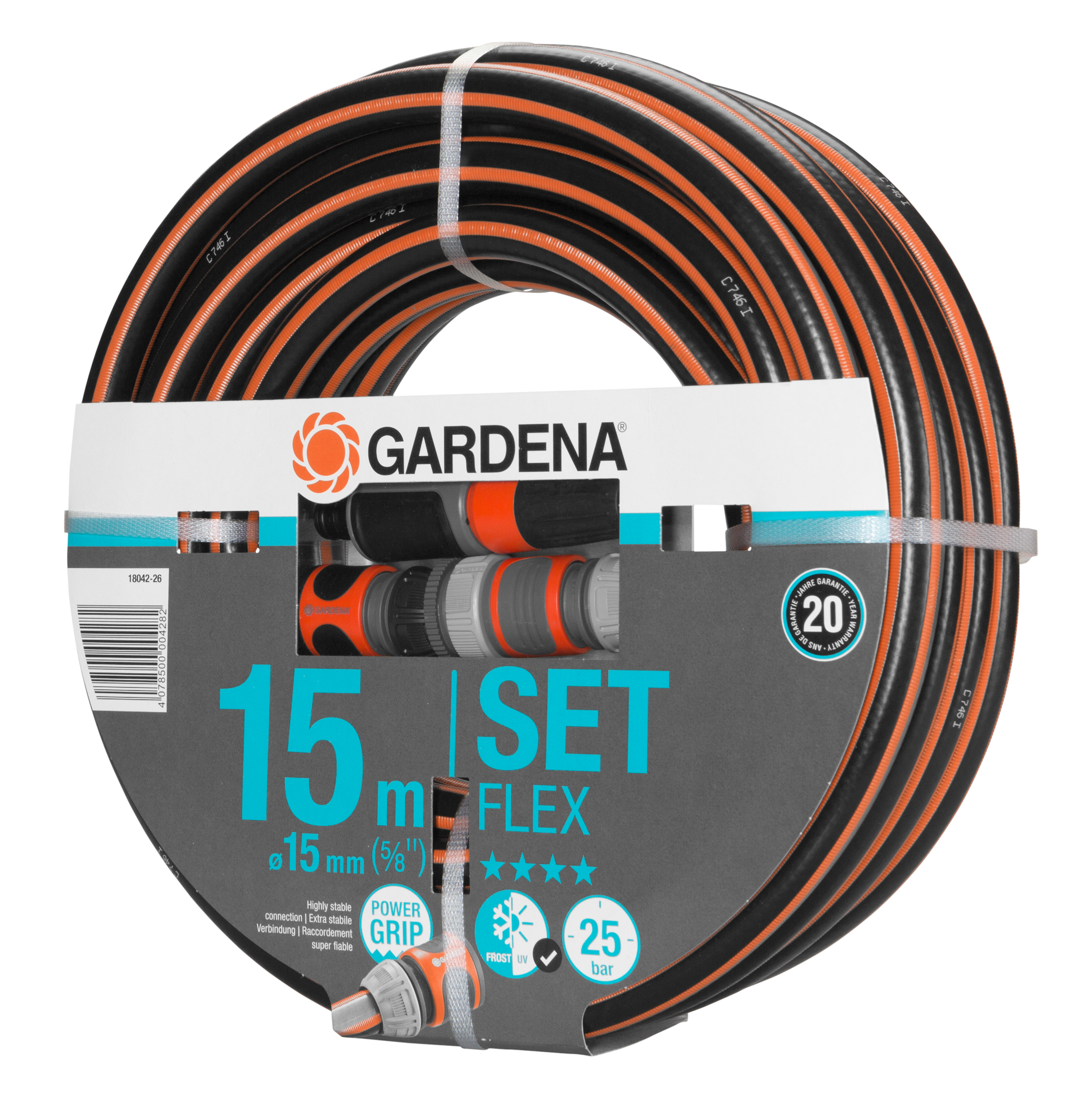 Aufgerolltes orange-schwarzes Gartenschlauchset. Die Verpackung zeigt ein 15 m Flex Set.