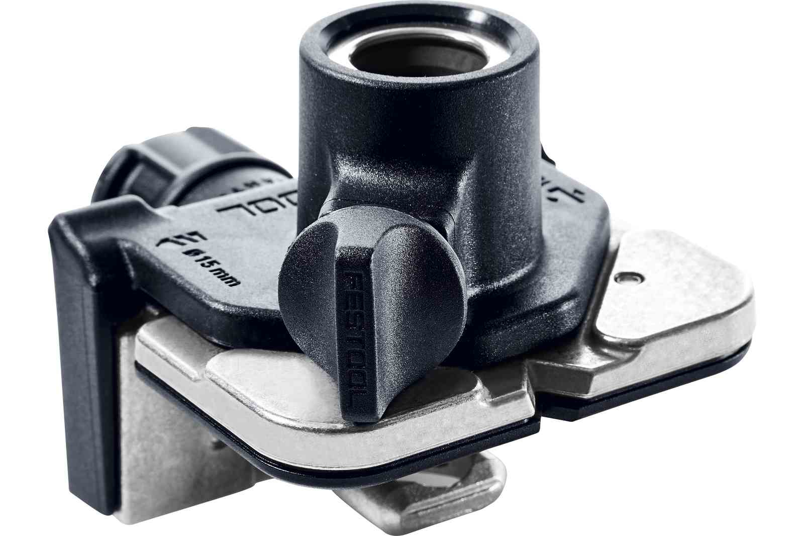 Srebrne i czarne narzędzie Festool z czarnym pokrętłem regulacyjnym. Tło jest białe.