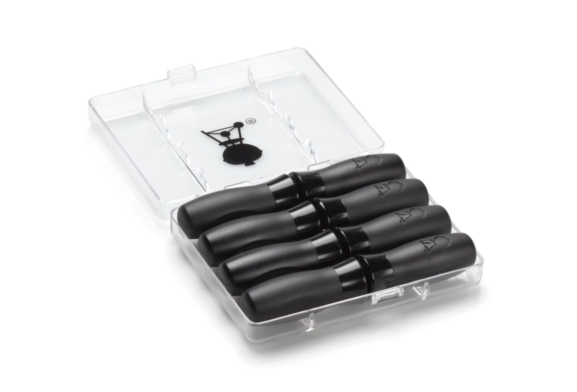 Juego de baquetas negras en una caja de plástico transparente. La caja está abierta.