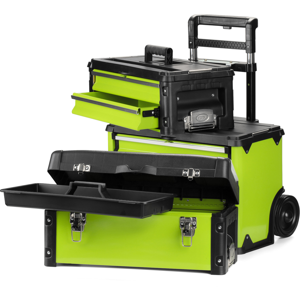 Zielono-czarna skrzynka narzędziowa na kółkach, otwarta. Góra i szuflada są otwarte. Białe tło.