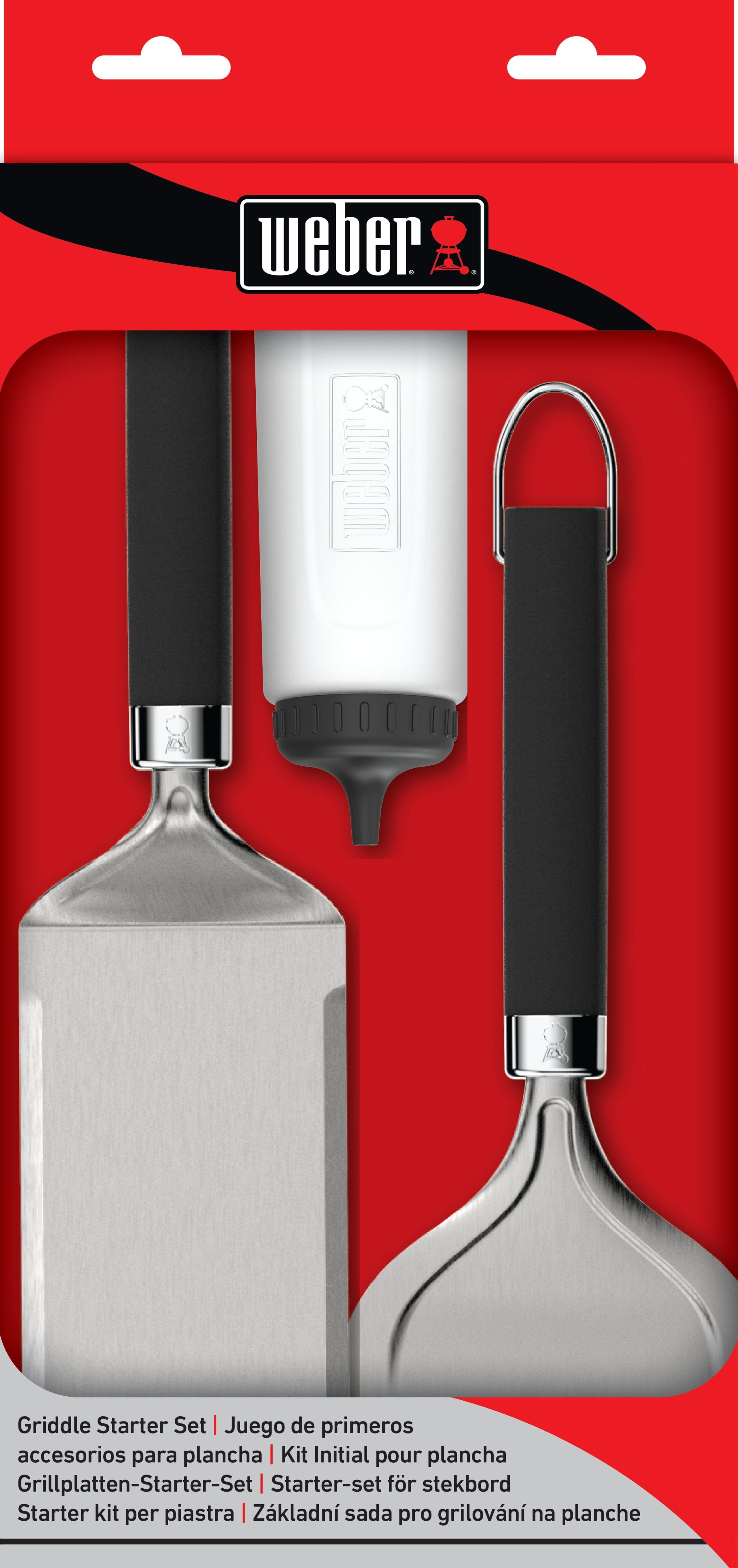 Zestaw startowy Weber Griddle z łopatką, skrobakiem do płyty i białą butelką z czarną nakrętką.