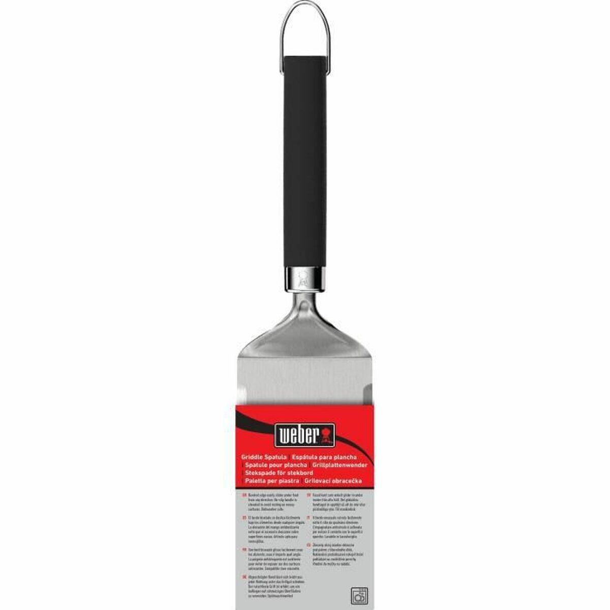 Espátula Weber con mango negro y hoja de acero inoxidable, con etiqueta del producto.
