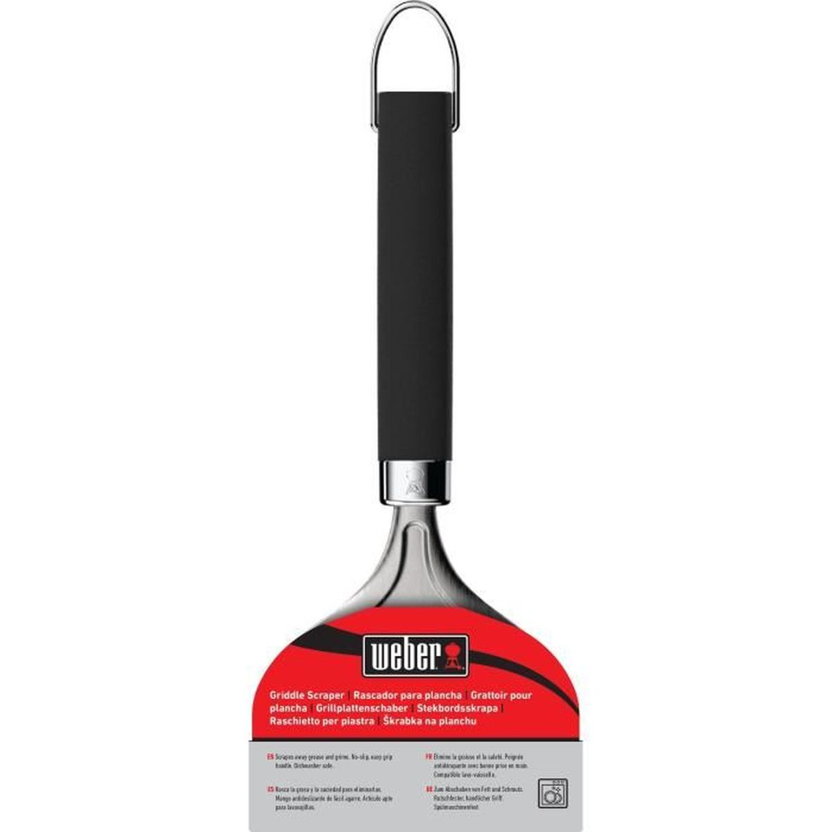 Una espátula metálica con mango negro y una etiqueta roja que dice "Weber".