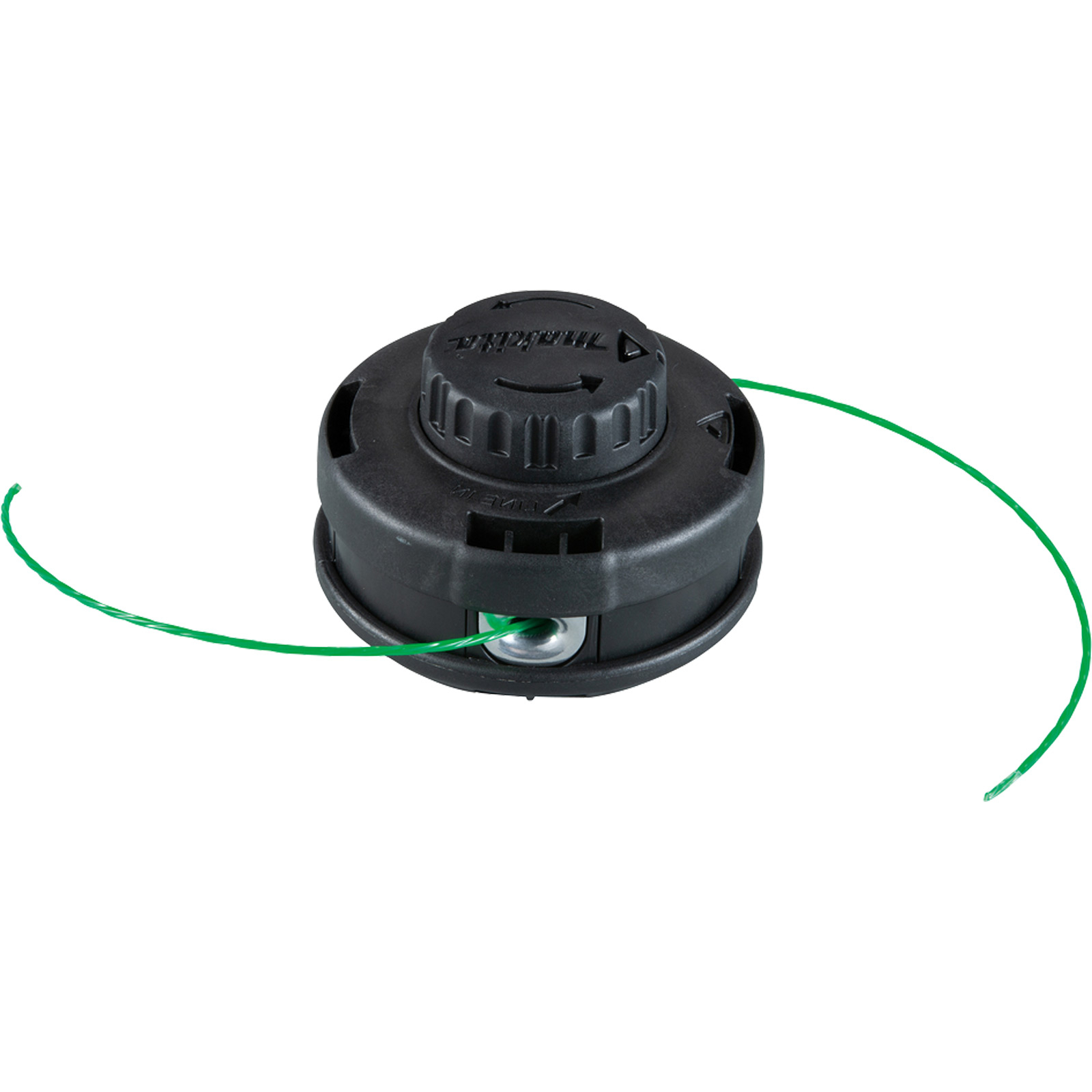 Black and grey trimmer head with green string extending. The top has a direction arrow. Isolated on white.