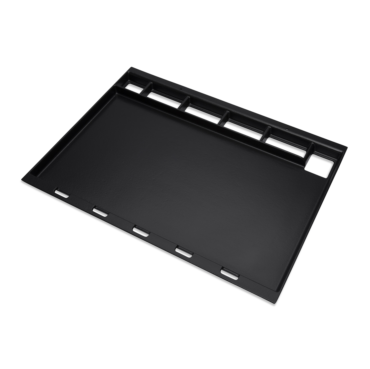 Bandeja de plancha rectangular negra con superficie plana y bordes elevados, fondo blanco.