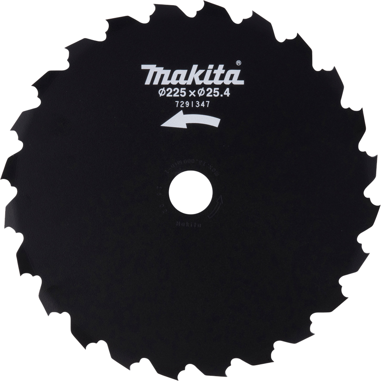 Una lama per sega Makita nera con denti. Ha il marchio, le dimensioni e una freccia che indica la direzione di rotazione.