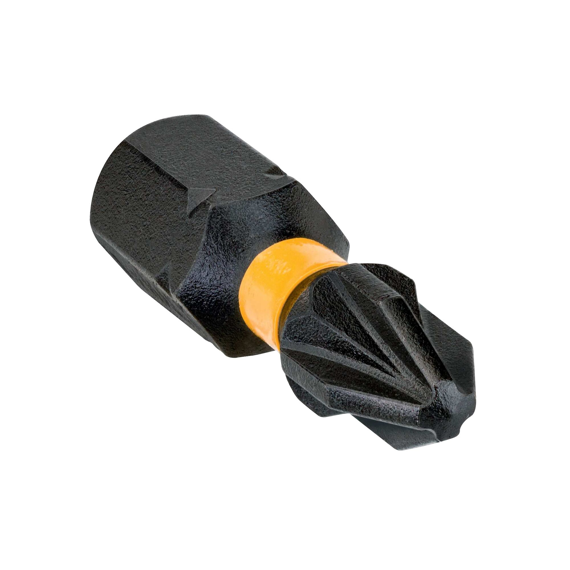 Ein schwarzer und gelber Bohrer mit sechseckiger Basis und einer sternförmigen Spitze. Die Spitze ist gelb.