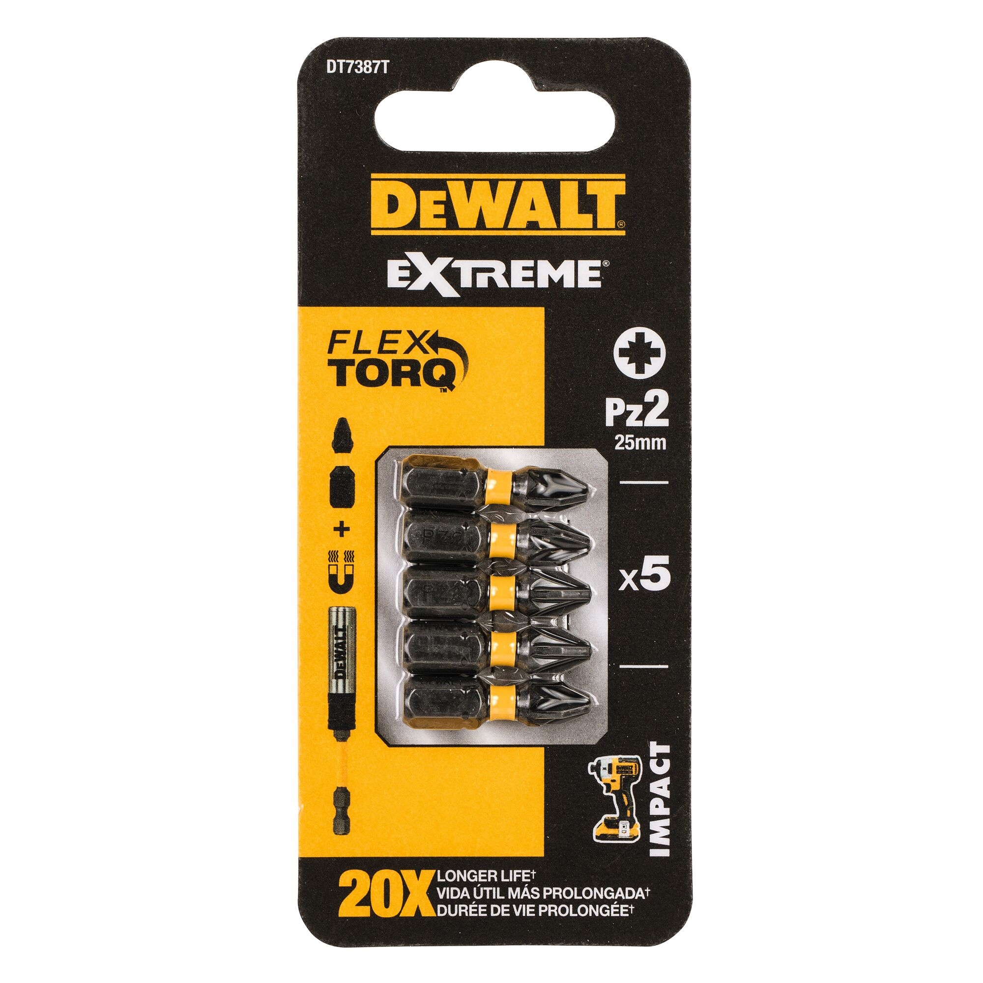 Schwarz-gelbe DeWalt Extreme Flex Torq Bits in einer Verpackung, mit einem Bohrer-Symbol.