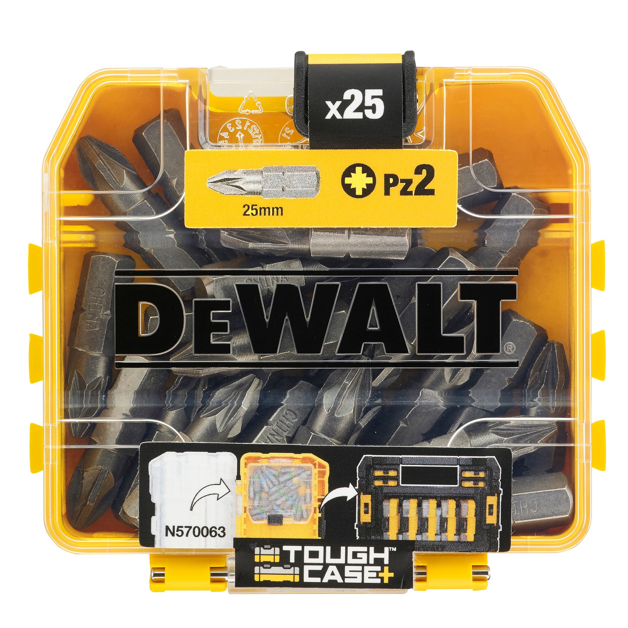 DeWALT Bit-Set in einem gelben Koffer. Der Koffer ist mit Details und Bit-Typ beschriftet.