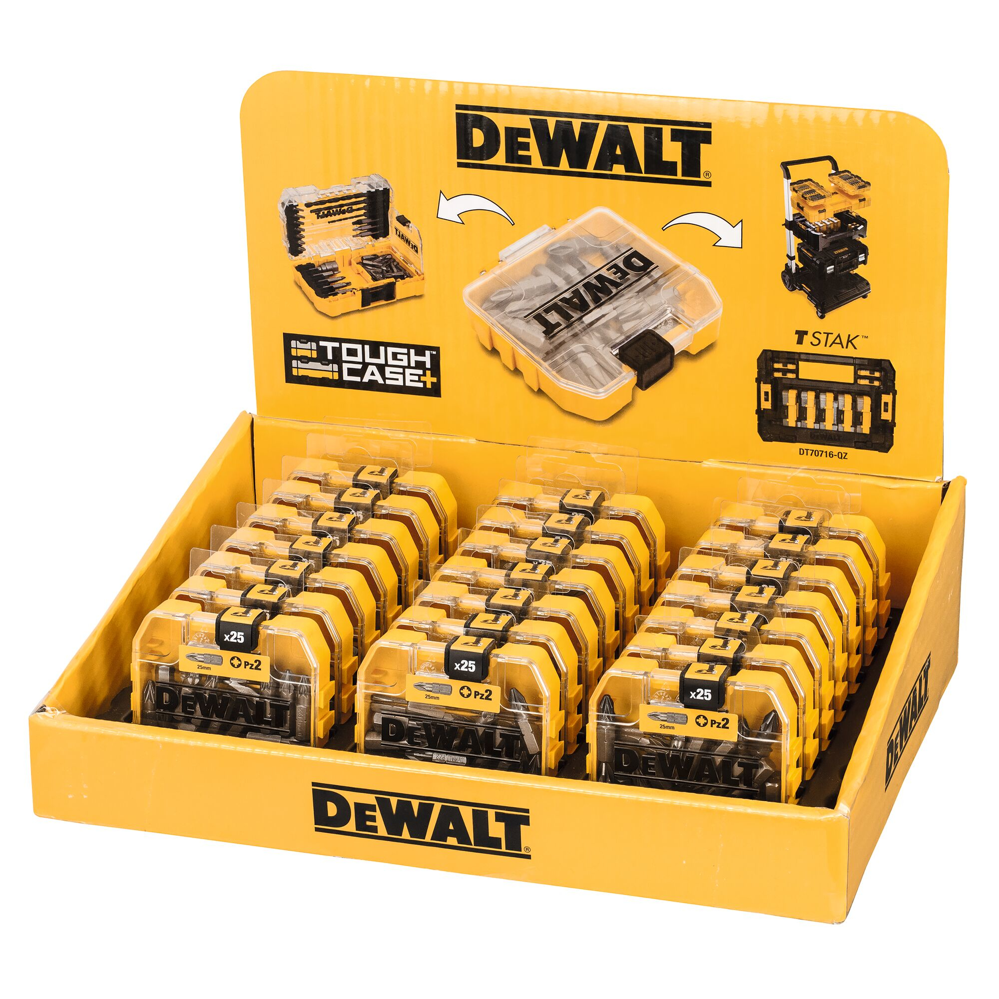 Ein Display mit mehreren Kisten mit gelben und schwarzen Werkzeugen in einer gelben Displaybox.