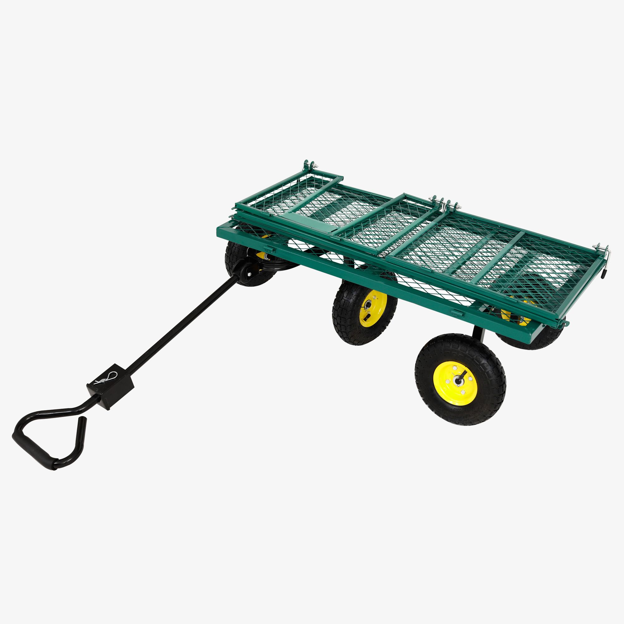 Ein grüner Nutzfahrzeugwagen mit gelben Rädern, der an einem schwarzen Griff gezogen wird.