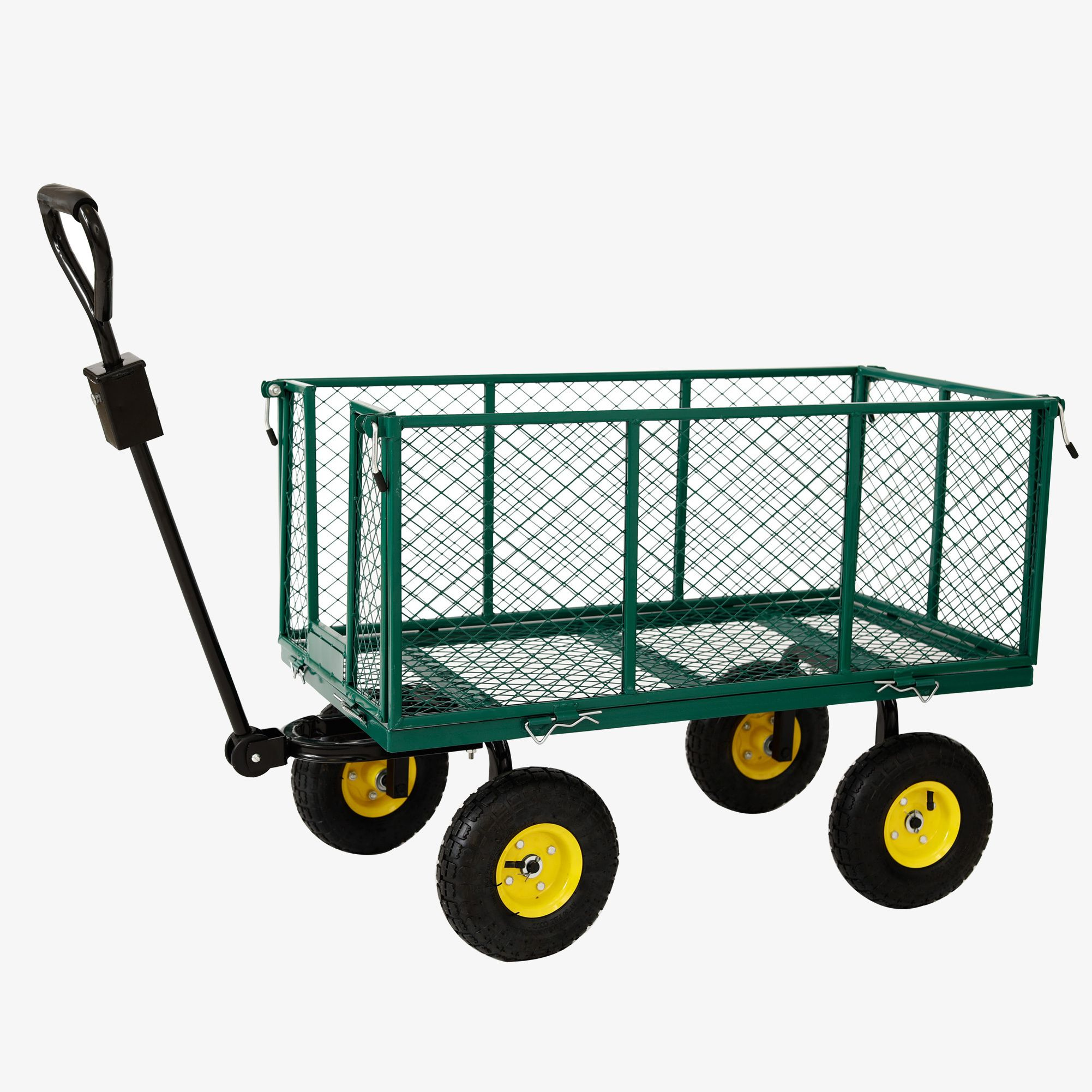 Grüner Metall-Gartenwagen mit schwarzem Griff, gelbe Räder.