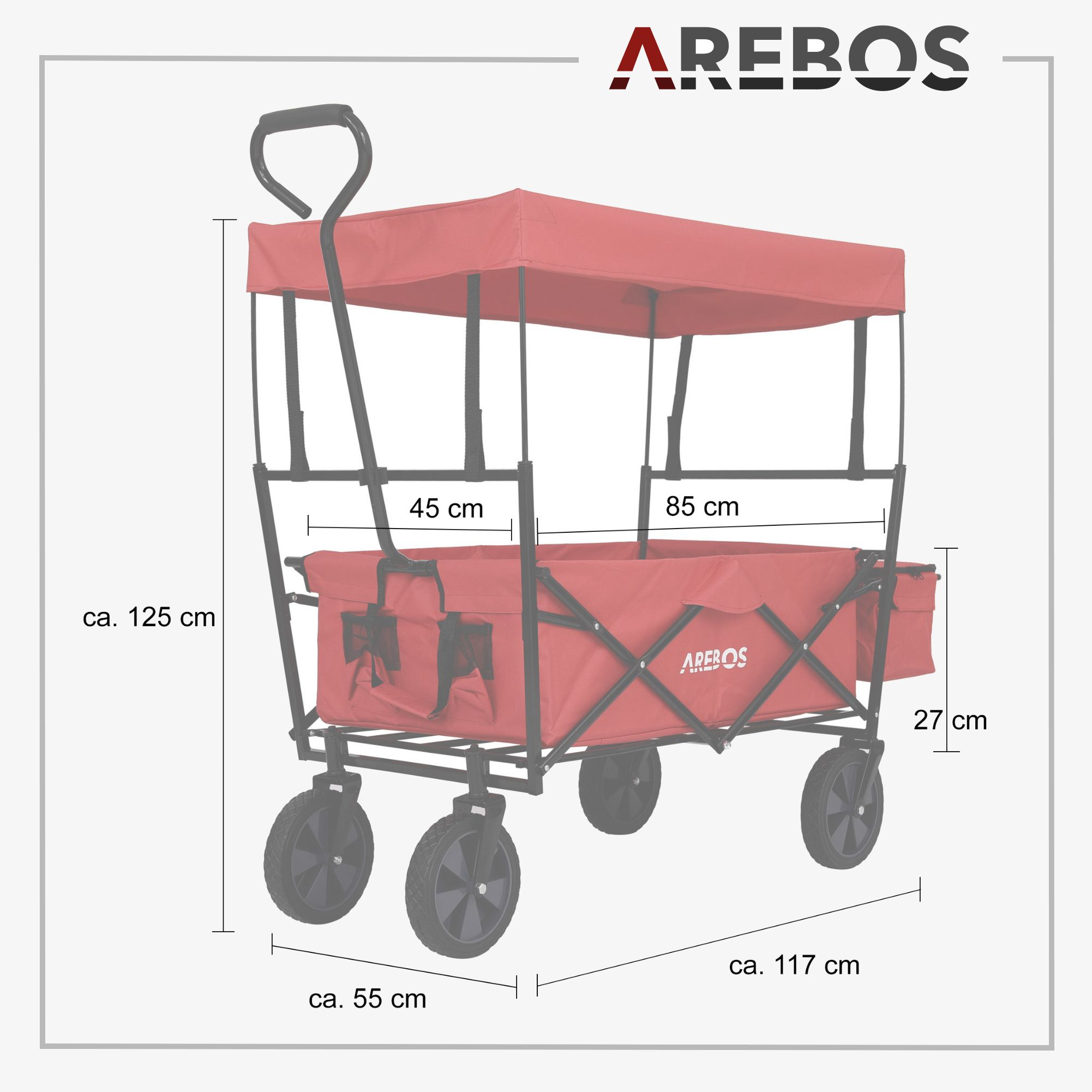Roter Wagen mit Abmessungen. Er hat einen schwarzen Rahmen und große schwarze Räder.