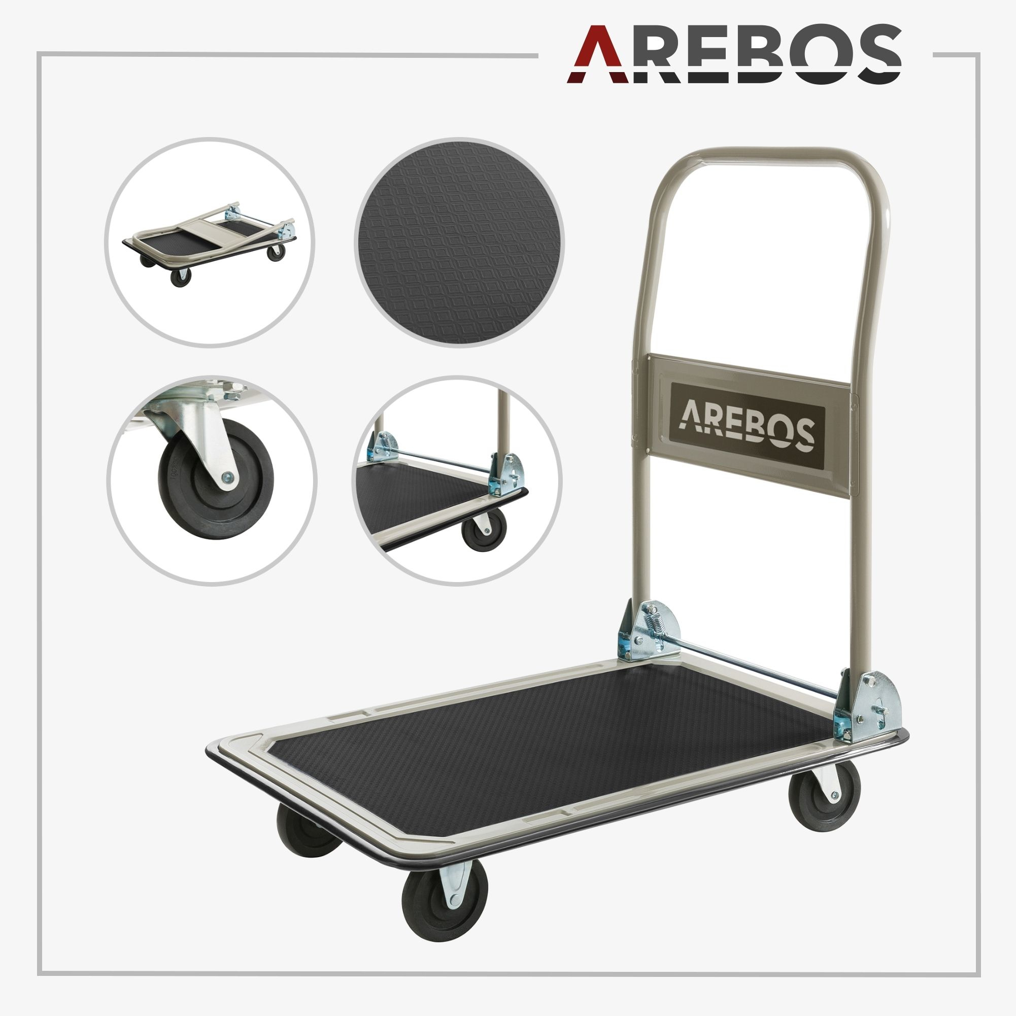 Grauer AREBOS Handwagen mit schwarzer Plattform und Rädern. Weißer Hintergrund.