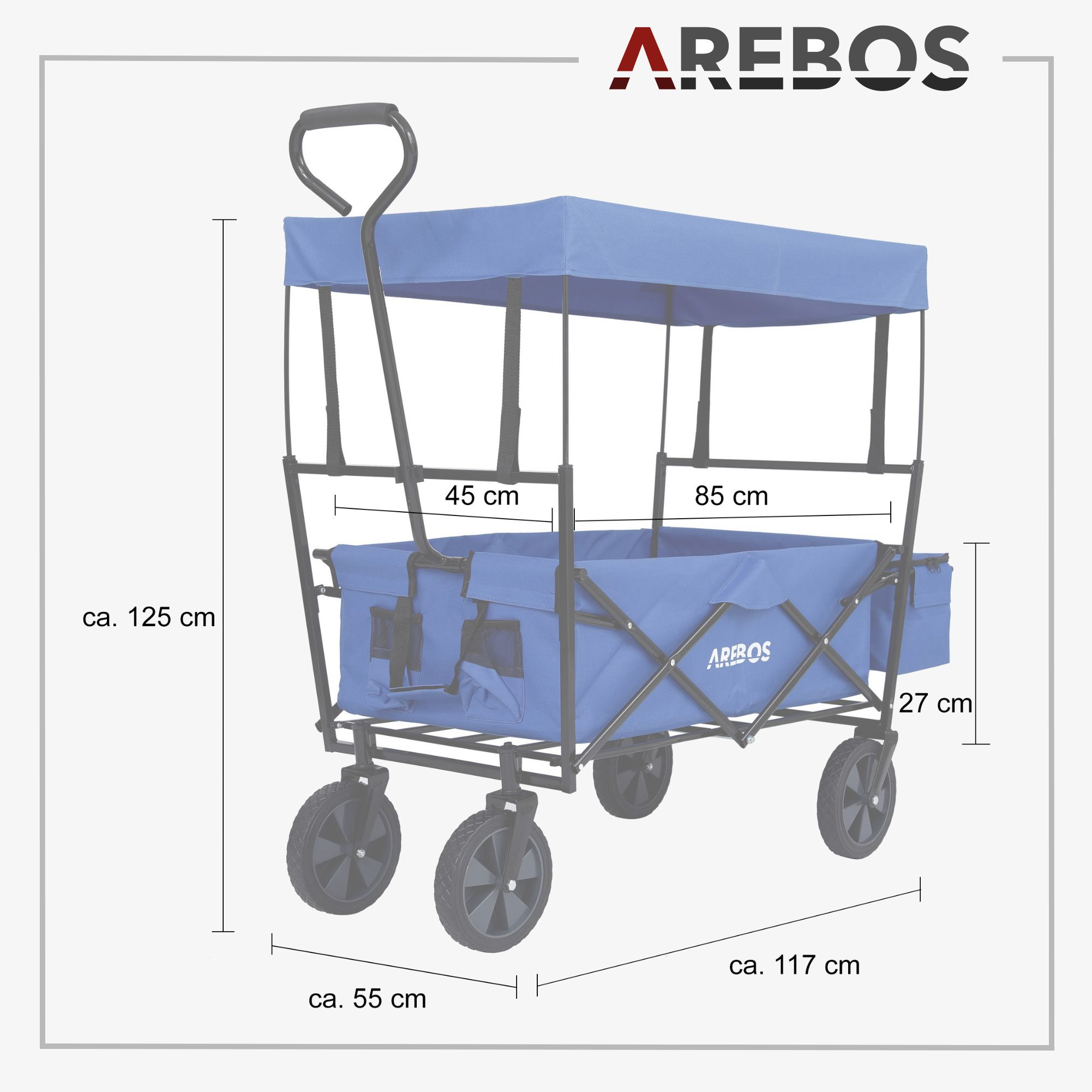Blauer Klappwagen mit schwarzen Rädern und Verdeck. Abmessungen sind mit Etiketten angezeigt.