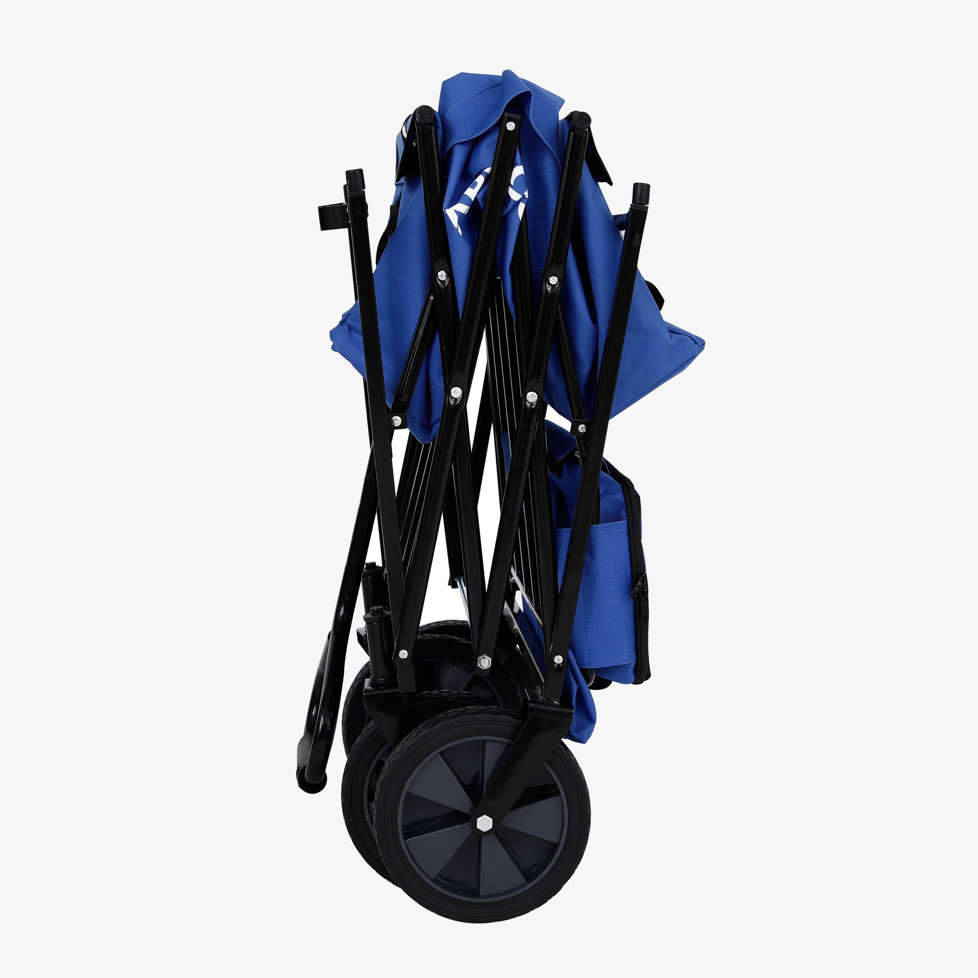Ein blauer Klappwagen mit schwarzem Rahmen und Rädern, zusammengeklappt und aufrecht.